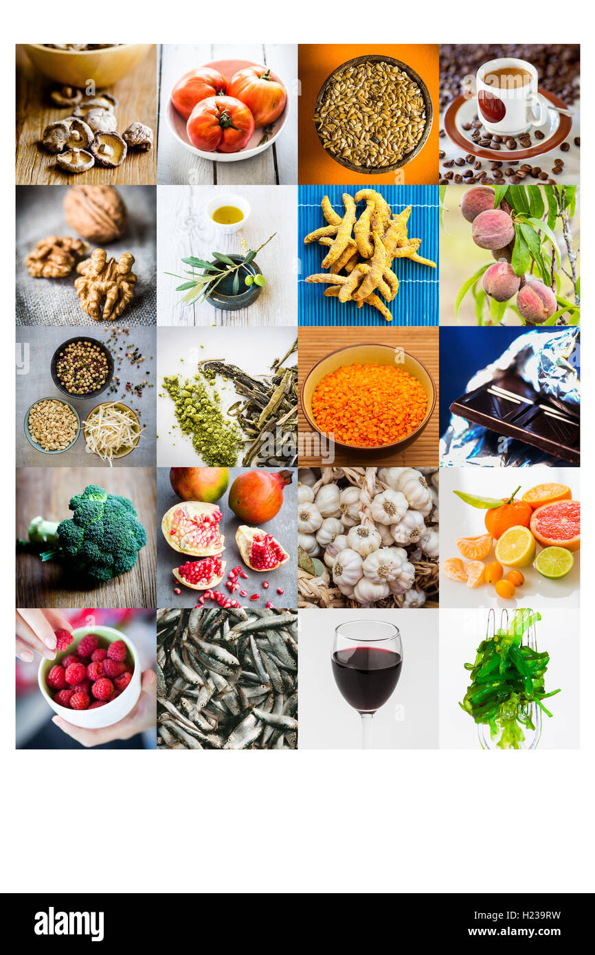 Assortiment d'aliments recommandés dans la prévention du cancer. Banque D'Images