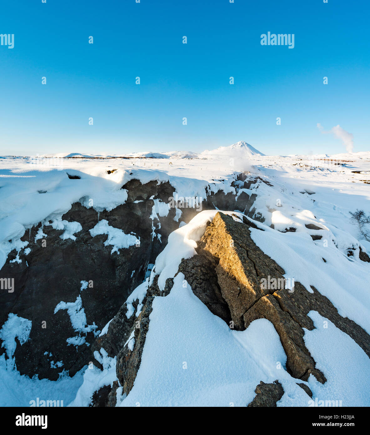 Frontière divergente, Mid-Atlantic Ridge, vallée du rift, Krafla, Mývatn, au nord de l'Islande, Islande Banque D'Images