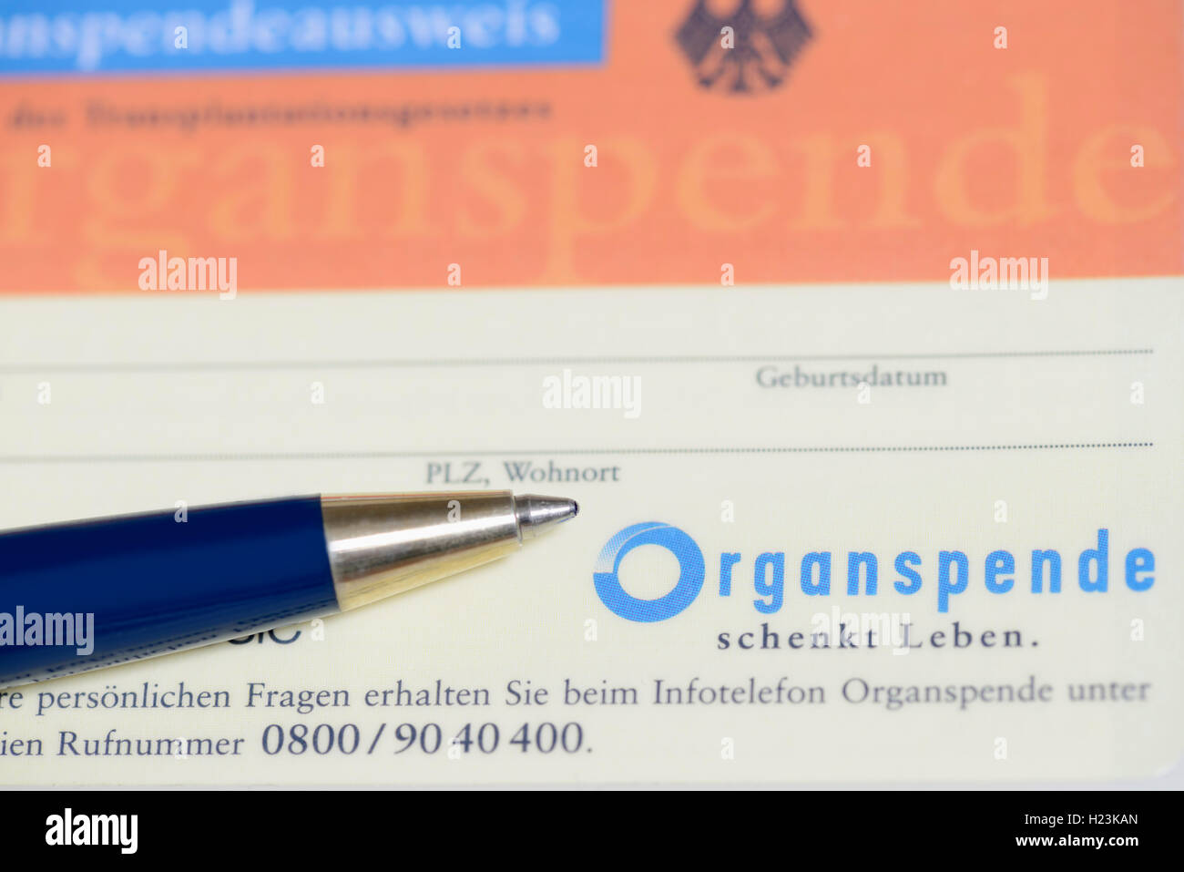 Donar, carte allemande Organspende, avec stylet Banque D'Images