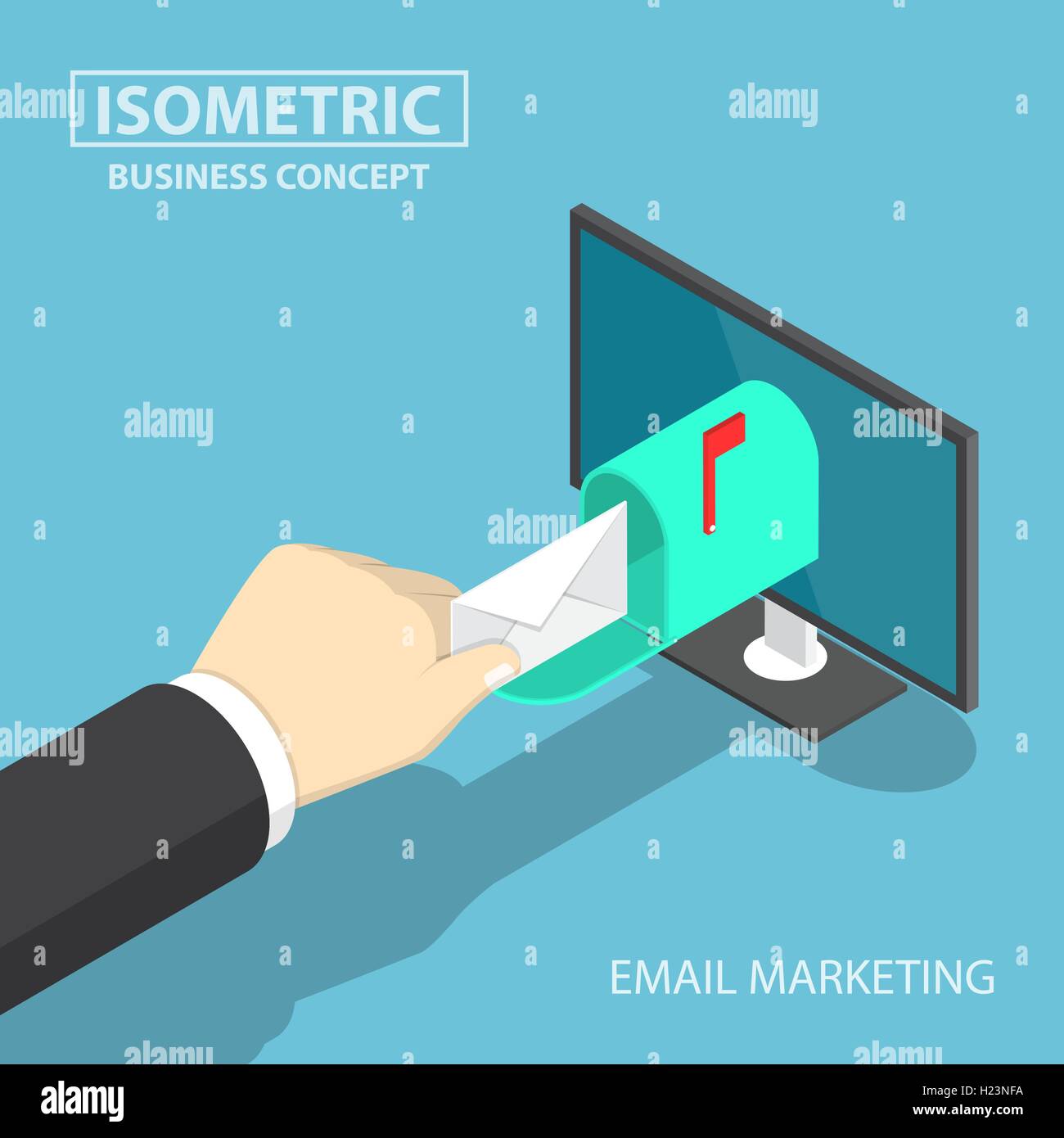 Homme d'isométrique part obtenir la livraison du courrier de moniteur, email marketing business concept Illustration de Vecteur