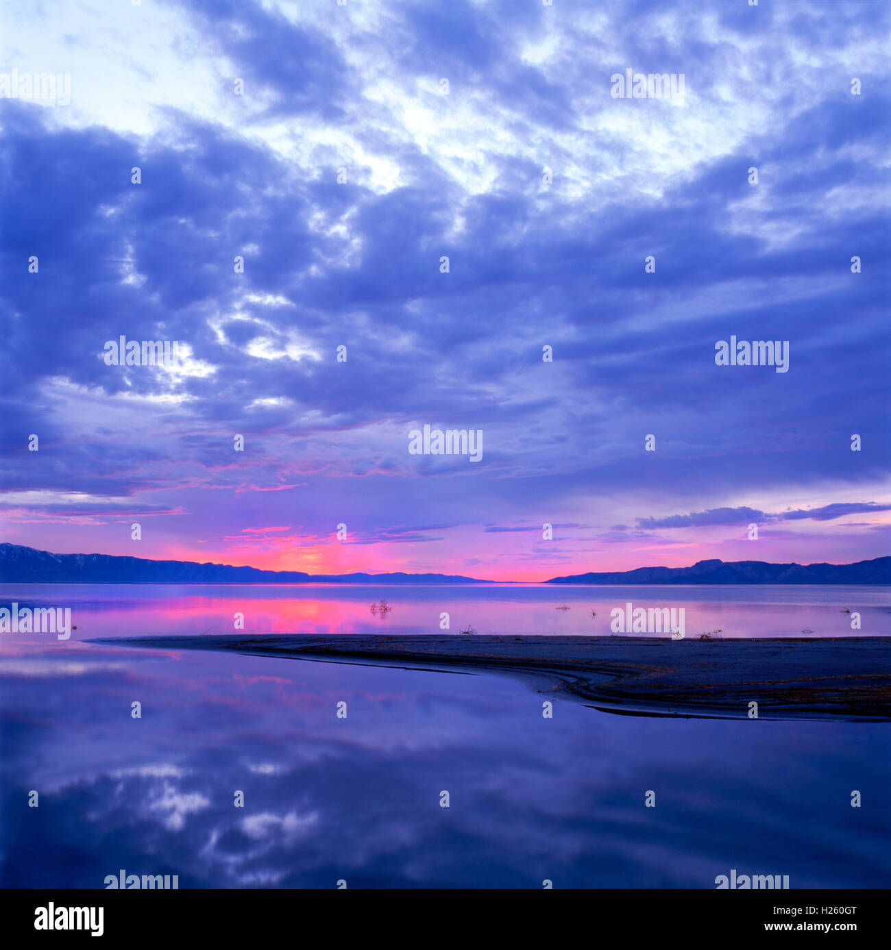 Beau coucher du soleil reflétée dans le Grand Lac Salé, Utah, USA Banque D'Images