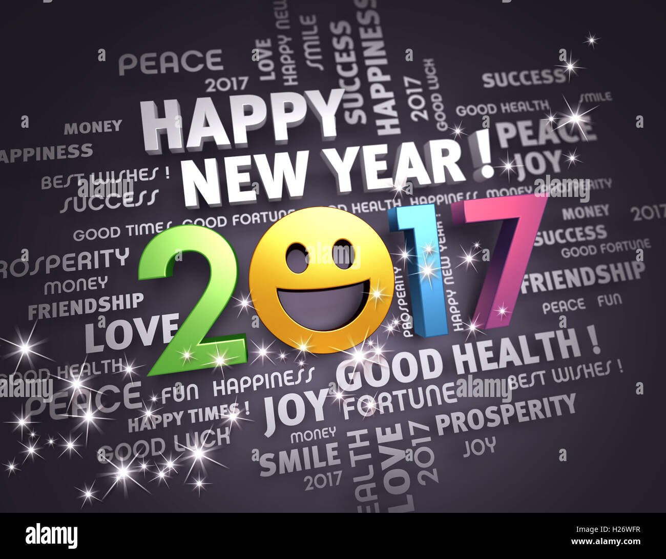 Mots d'accueil autour d'une année 2017 positive et colorée, type sur un fond noir de fête - 3D illustration Banque D'Images
