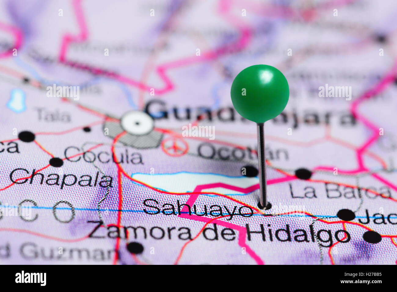 Sahuayo épinglée sur une carte du Mexique Banque D'Images