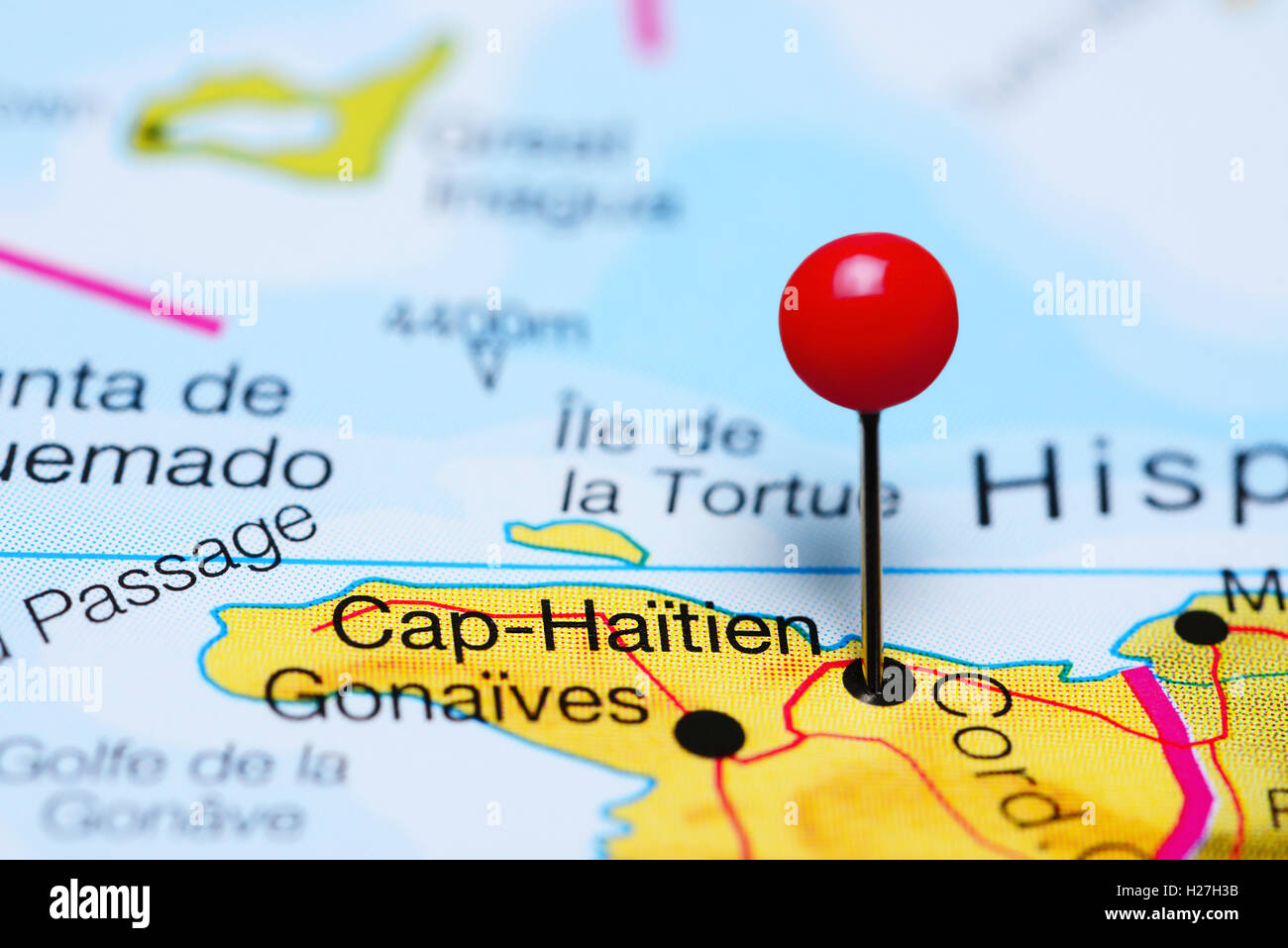 Cap-haïtien épinglée sur une carte d'Haïti Banque D'Images