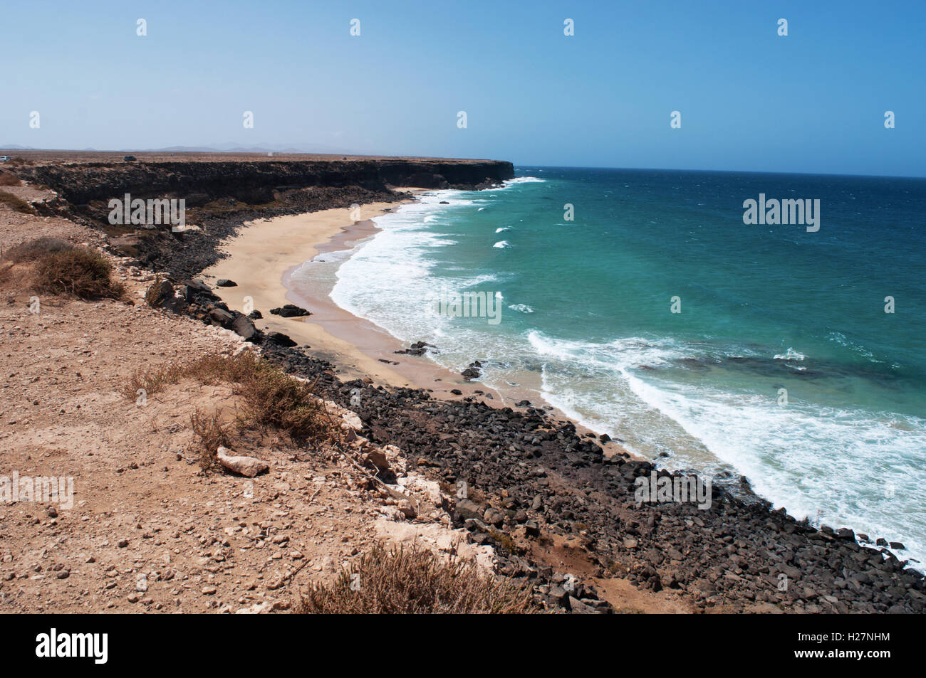 Fuerteventura, Îles Canaries, Afrique du Nord, Espagne : vue de la plage de Playa de la Escalera, l'un des plus célèbres de la côte nord-ouest Banque D'Images