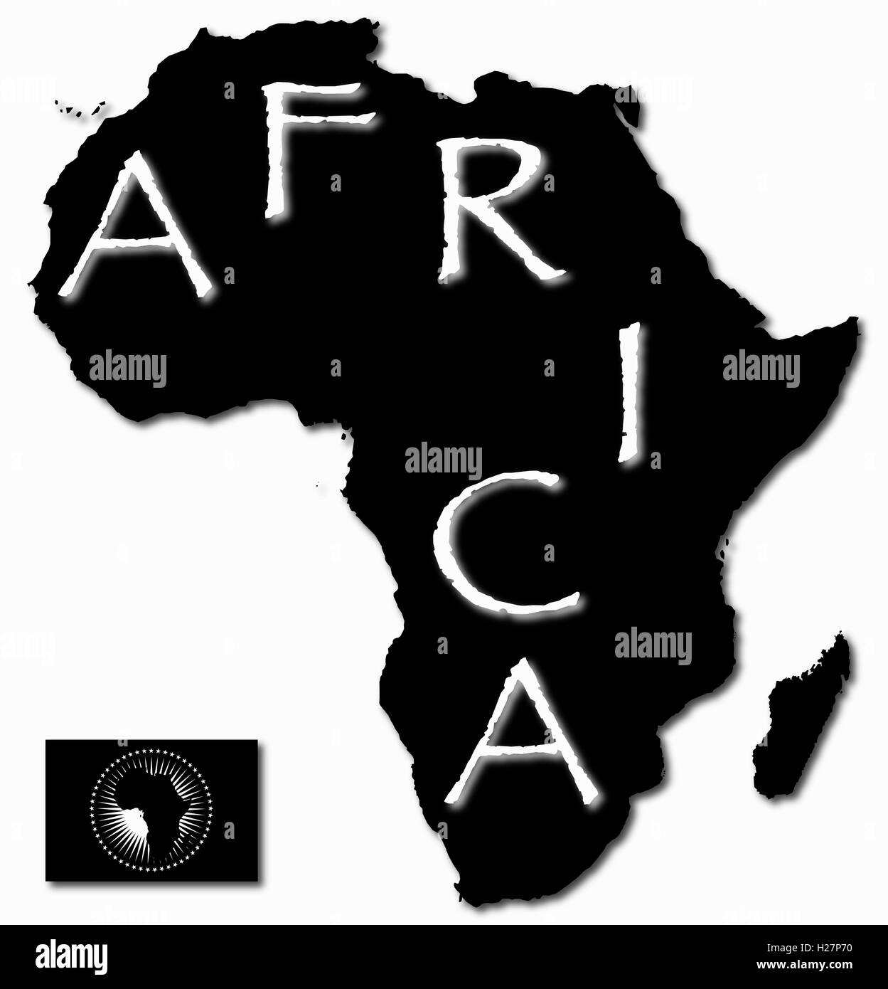 Une carte de l'Afrique et d'un drapeau d'ossature avec texte isolé sur fond blanc Banque D'Images
