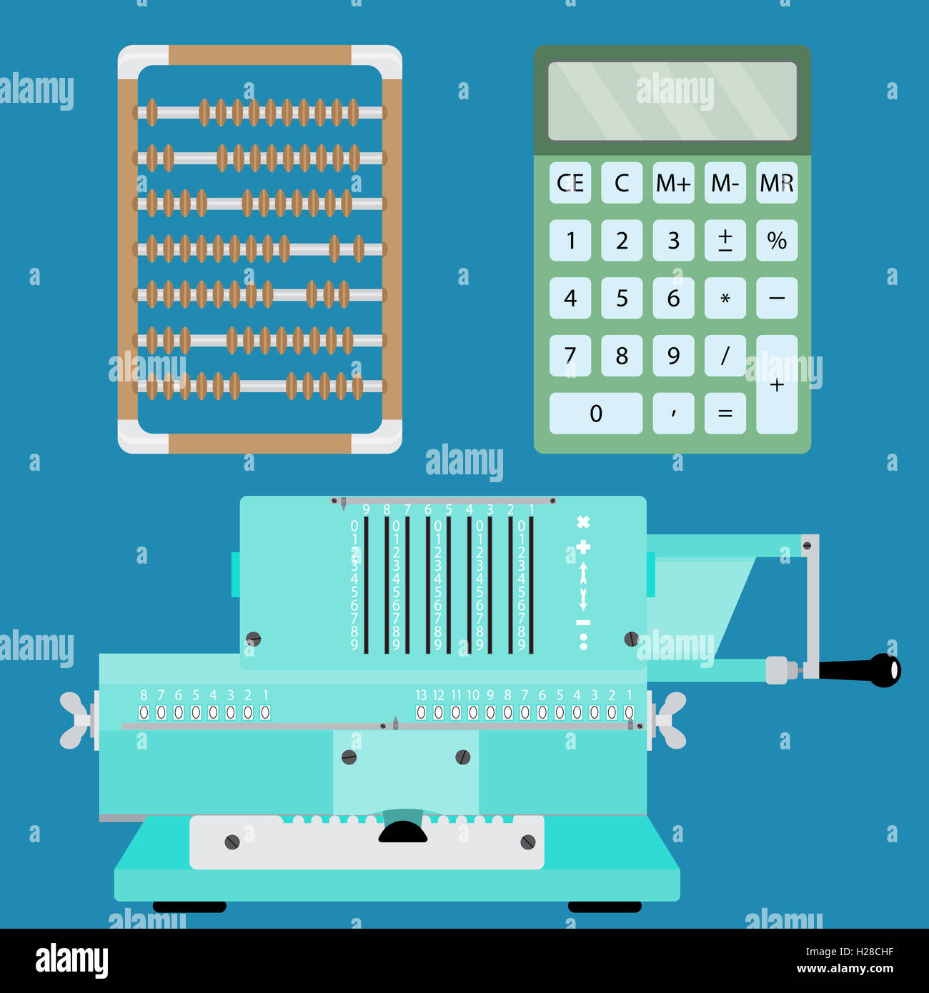 Collection de calculatrices. L'ajout de machine, calculatrice et Abacus. Vector illustration Banque D'Images