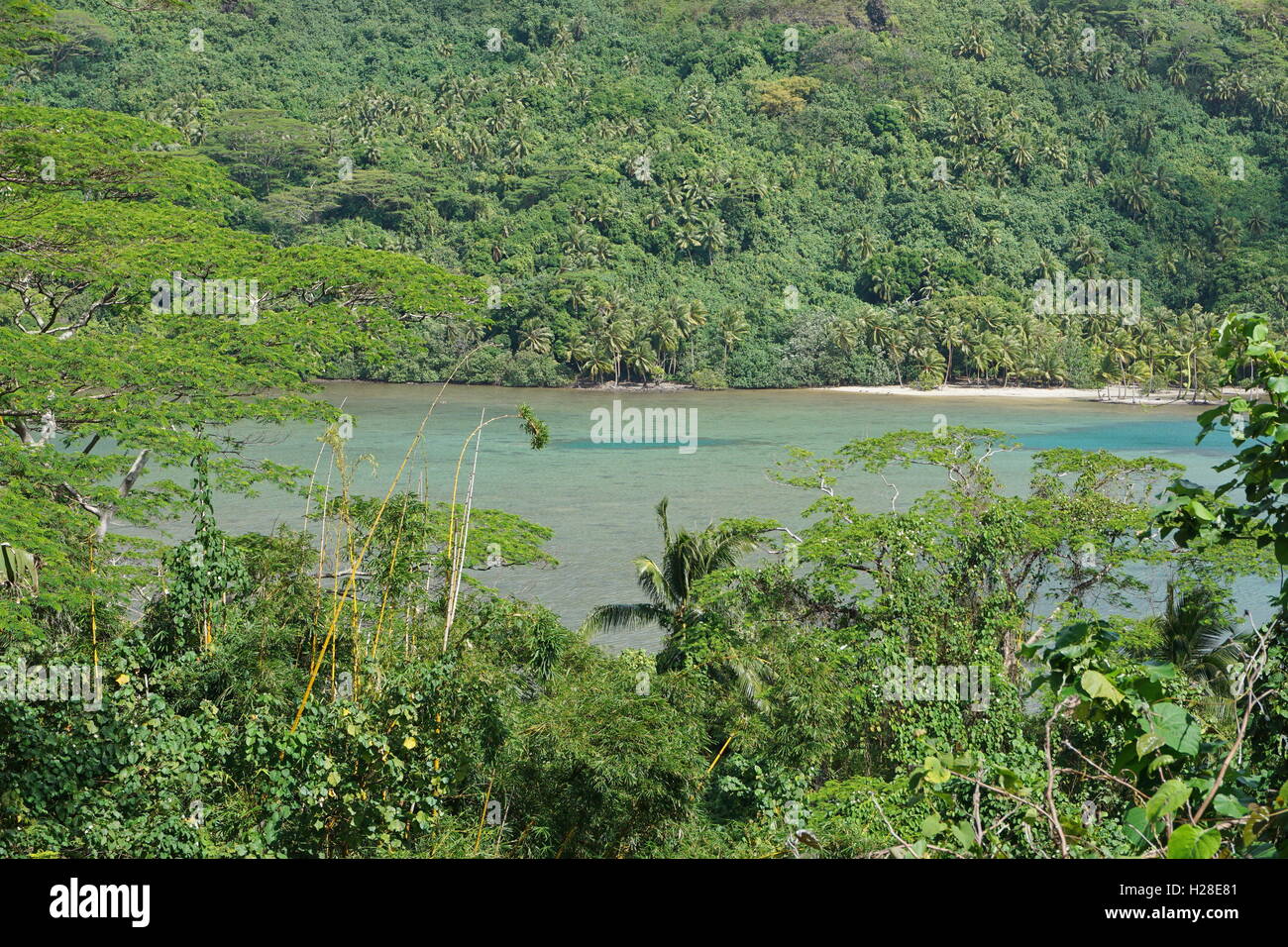 Paysage côtier de l'île de Huahine, le lagon entouré par une végétation luxuriante, l'océan Pacifique sud, la Polynésie Française Banque D'Images