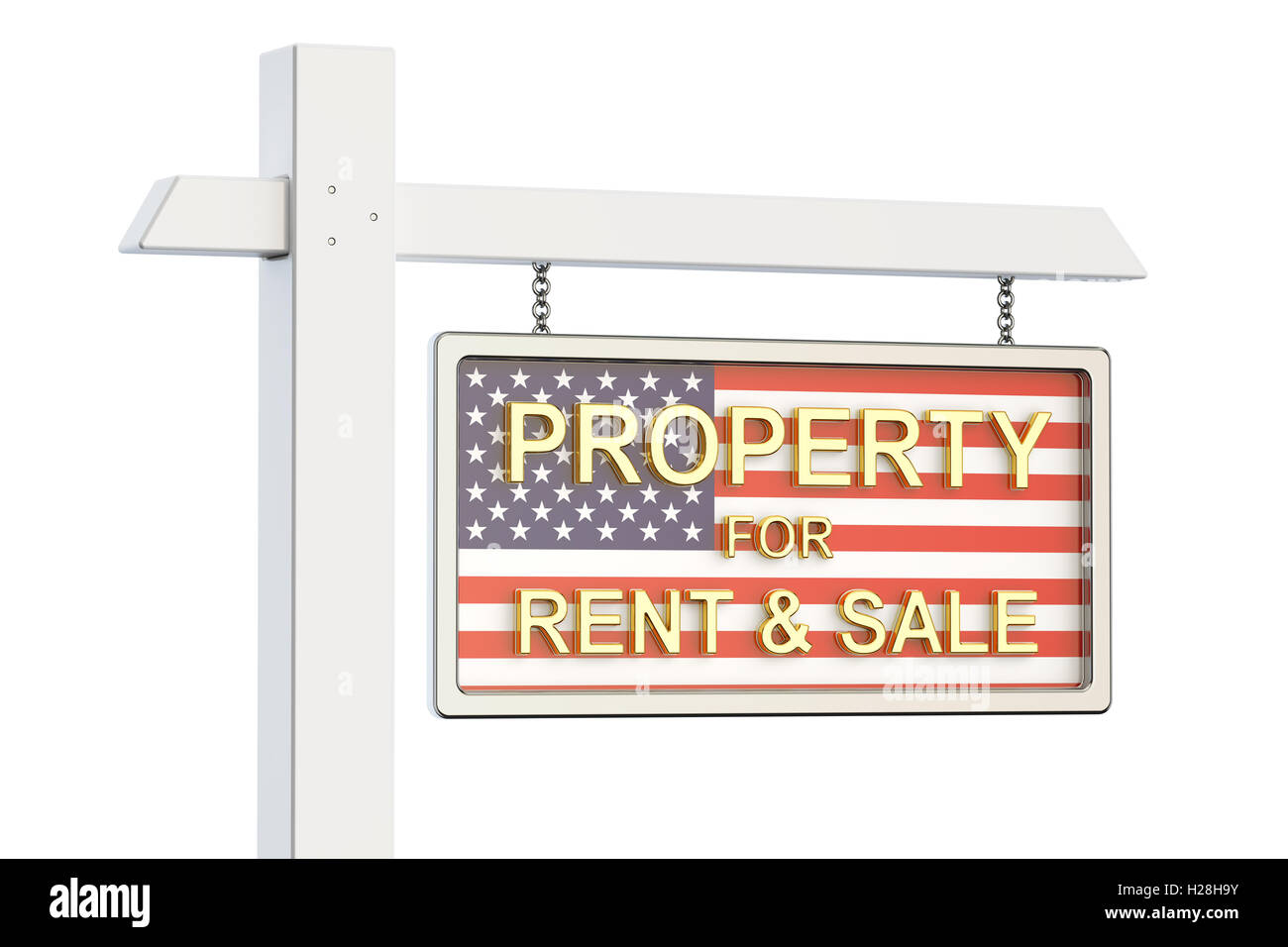 Propriété à vendre et à louer à concept américain. Enseigne Immobilière, rendu 3D isolé sur fond blanc Banque D'Images