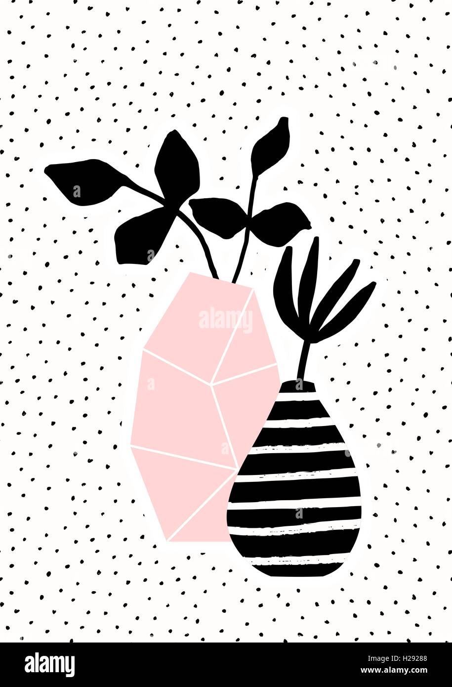 Vase rose géométrique et de bandes noires et blanches vase avec des branches noir sur fond texture dots. Mignon et Scandinavie moderne Illustration de Vecteur