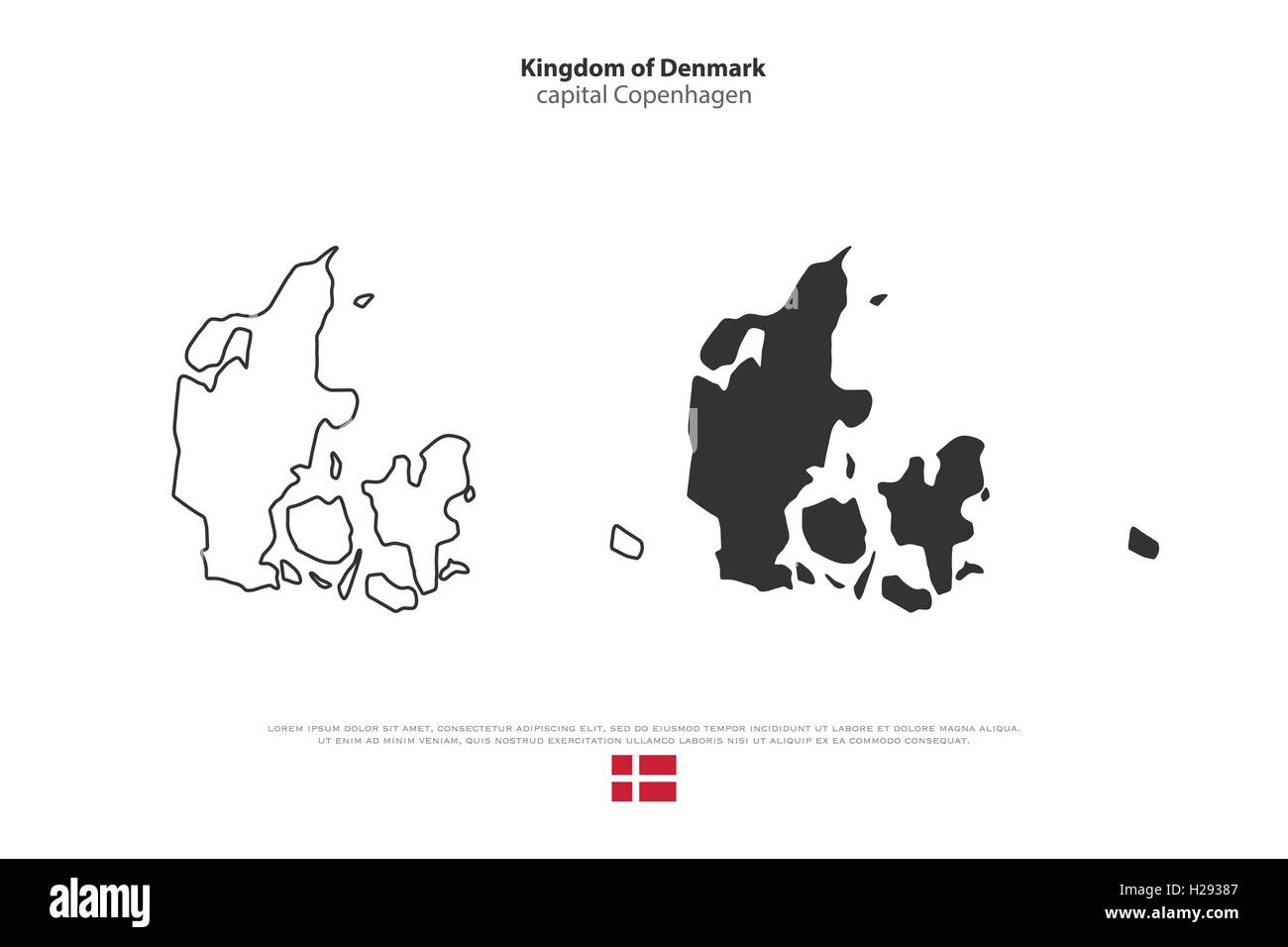 Royaume du Danemark carte isolée et icônes de drapeau officiel. vecteur cartes politiques danois symbole. Pays nordiques bannière géographique t Illustration de Vecteur