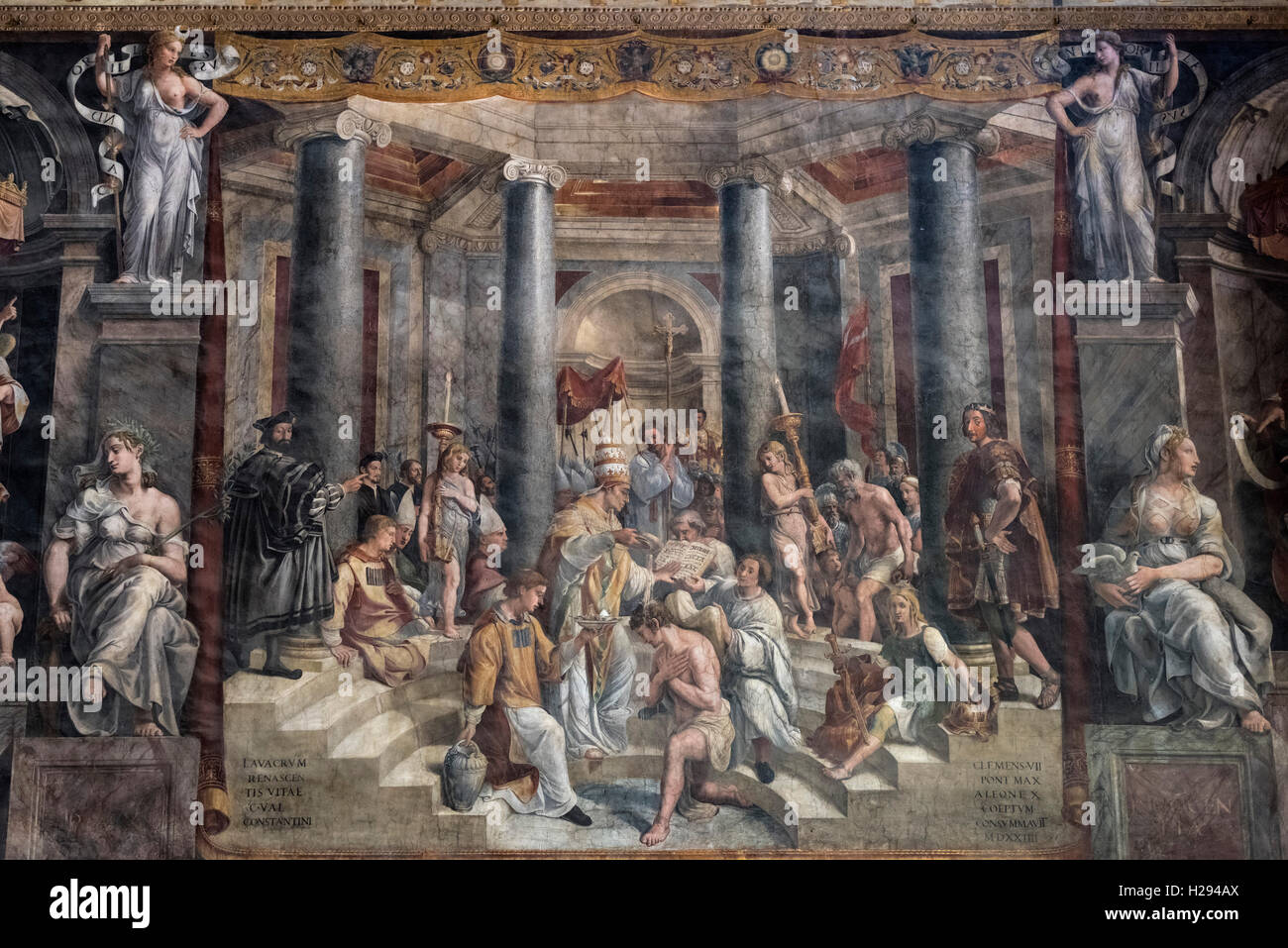 Rome. L'Italie. Fresque (1517-1524) représentant le baptême de Constantin (détail), Hall de Constantine, Musées du Vatican. Banque D'Images
