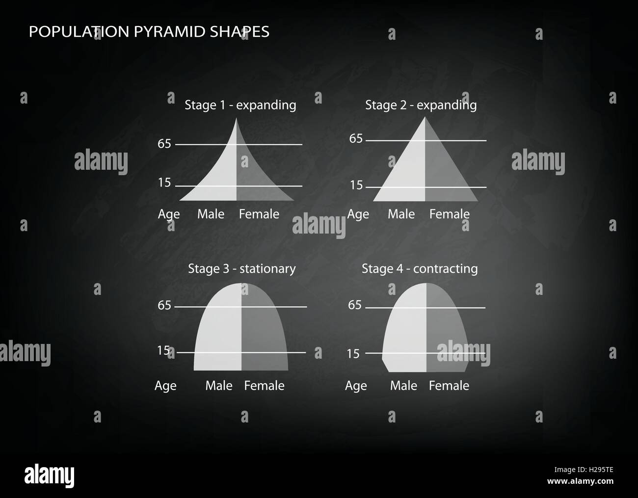 Population et démographie, Illustration Set de 4 types de pyramides des âges Graphique ou Tableau noir sur le graphique B Illustration de Vecteur
