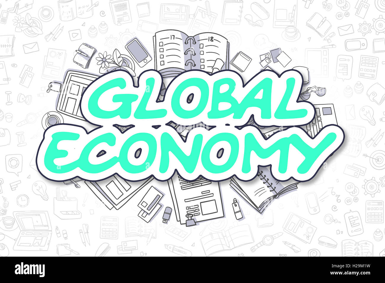 Économie mondiale - Doodle Green Mot. Concept d'entreprise. Banque D'Images