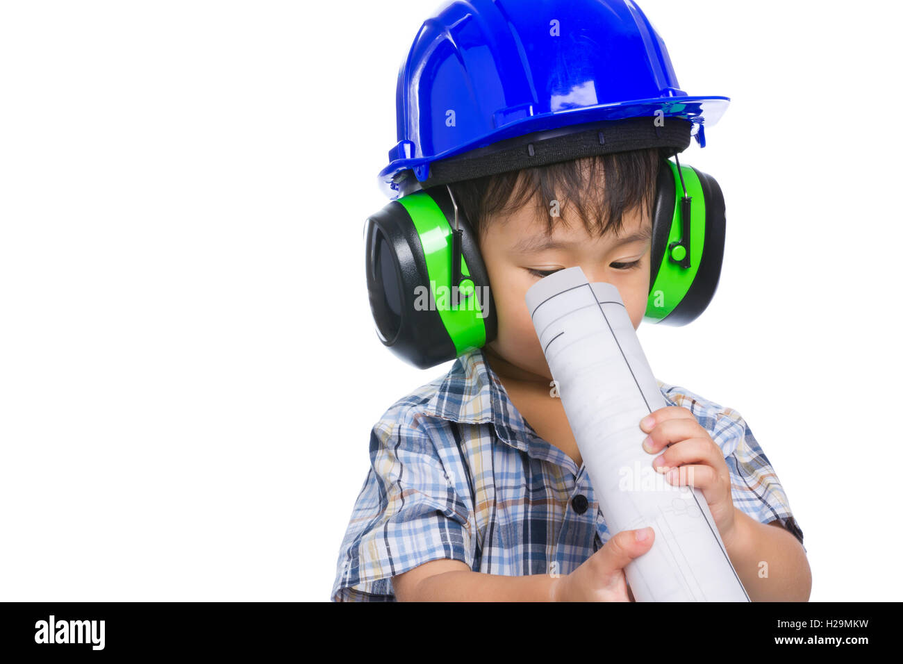 Adorable futur ingénieur sur un fond blanc Banque D'Images