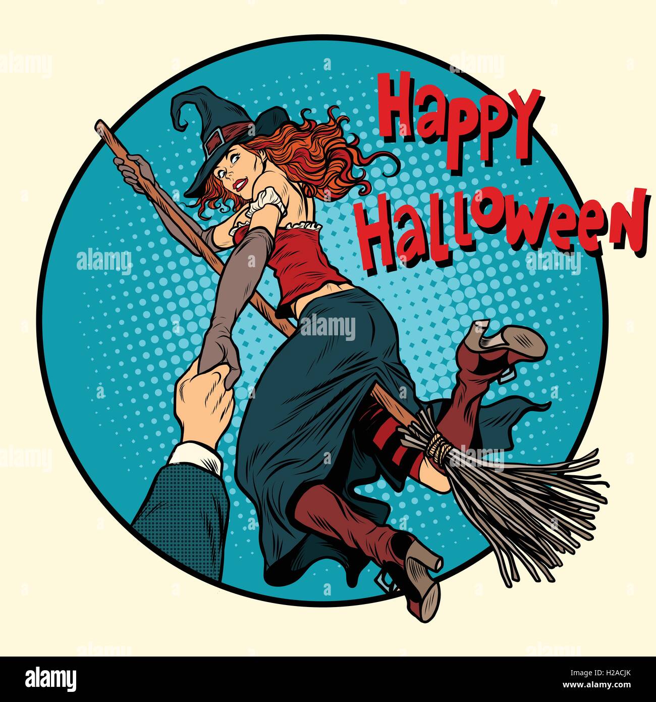 Happy Halloween sorcière sur un balai suivez-moi Illustration de Vecteur