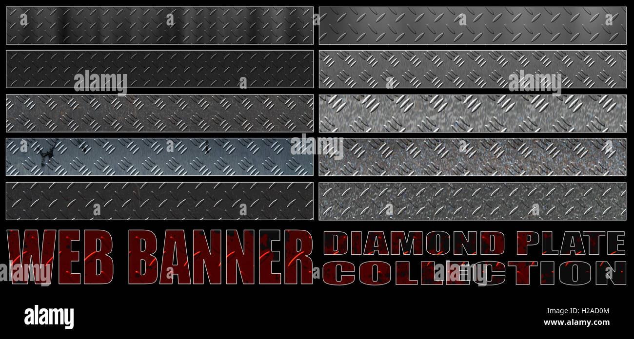 Set 8. full web banner diamond plaque metal collection. format standard pour bannière pleine ou de classement. Illustration 3d avec du vrai t Banque D'Images