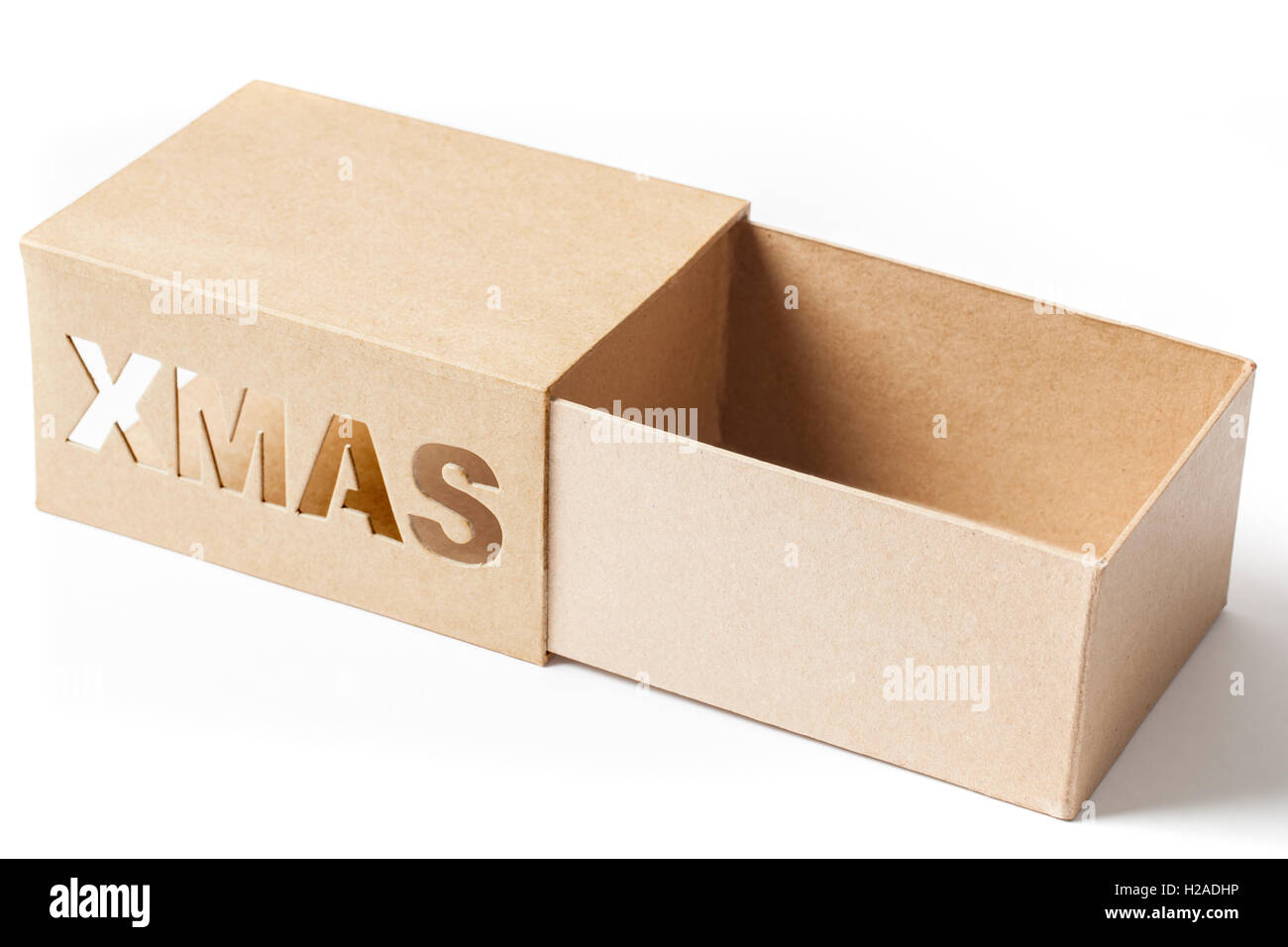 Ouvrez la boîte de carton pour les cadeaux de Noël isolé sur fond blanc. Banque D'Images