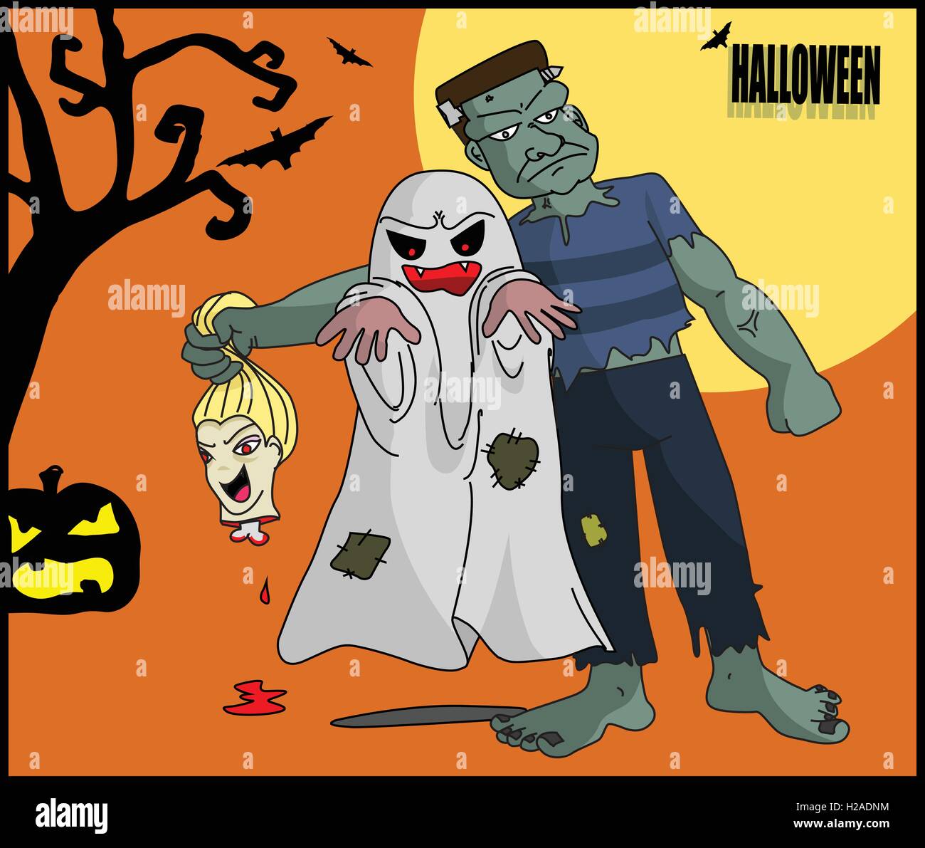 Arrière-plan de l'halloween avec ghost, zombie et la lune Illustration de Vecteur