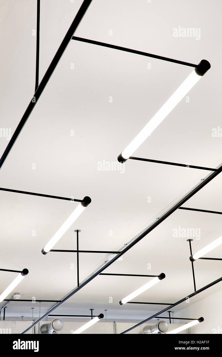 Détail de l'éclairage au plafond du foyer. The Smiths, Londres, Royaume-Uni. Architecte : Stiff  + Damien Vorreux architectes, 2016. Banque D'Images
