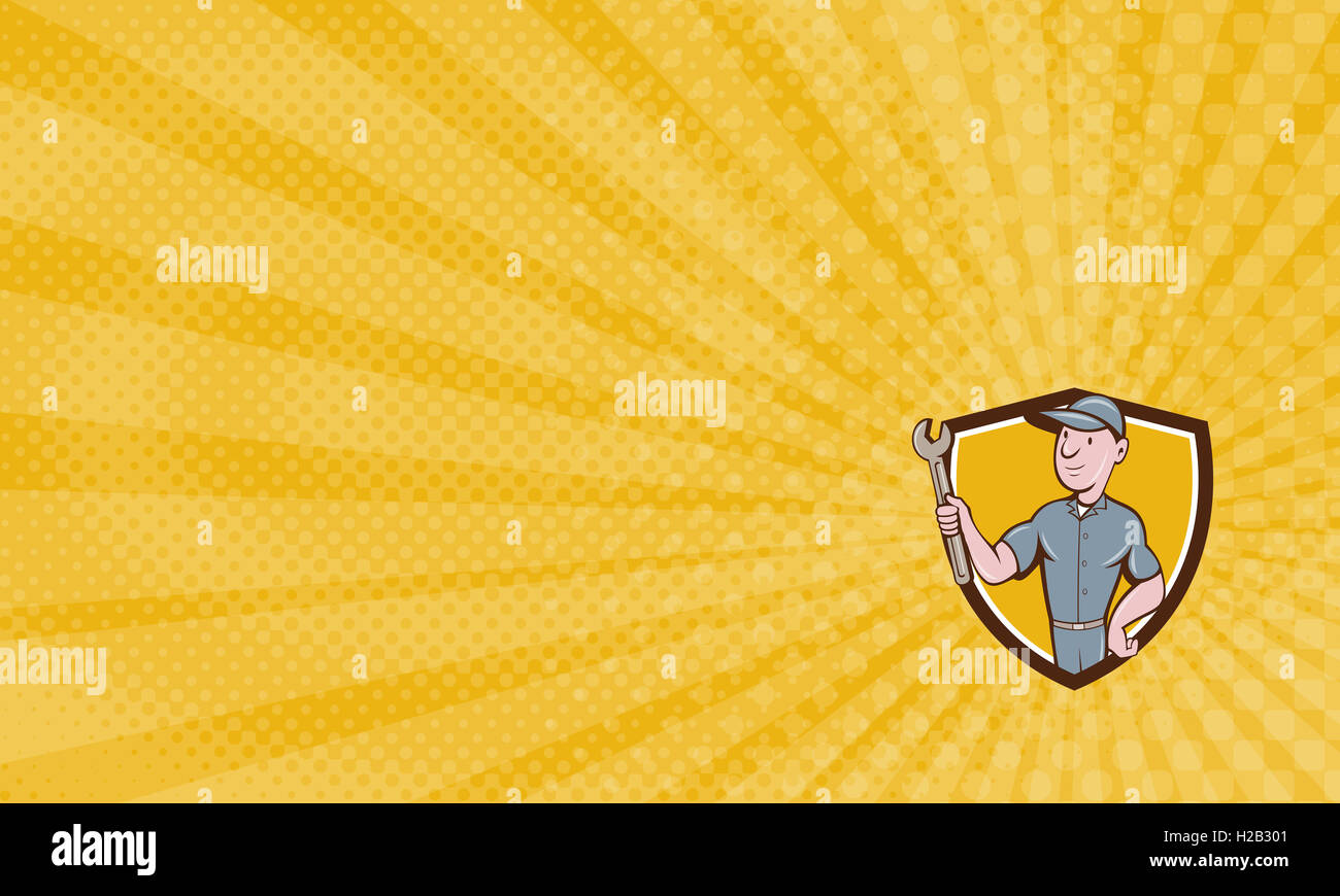 Carte montrant l'illustration d'un réparateur handyman worker wearing hat holding tricoise à côté de l'écran à l'intérieur set crest fait en style cartoon. Banque D'Images