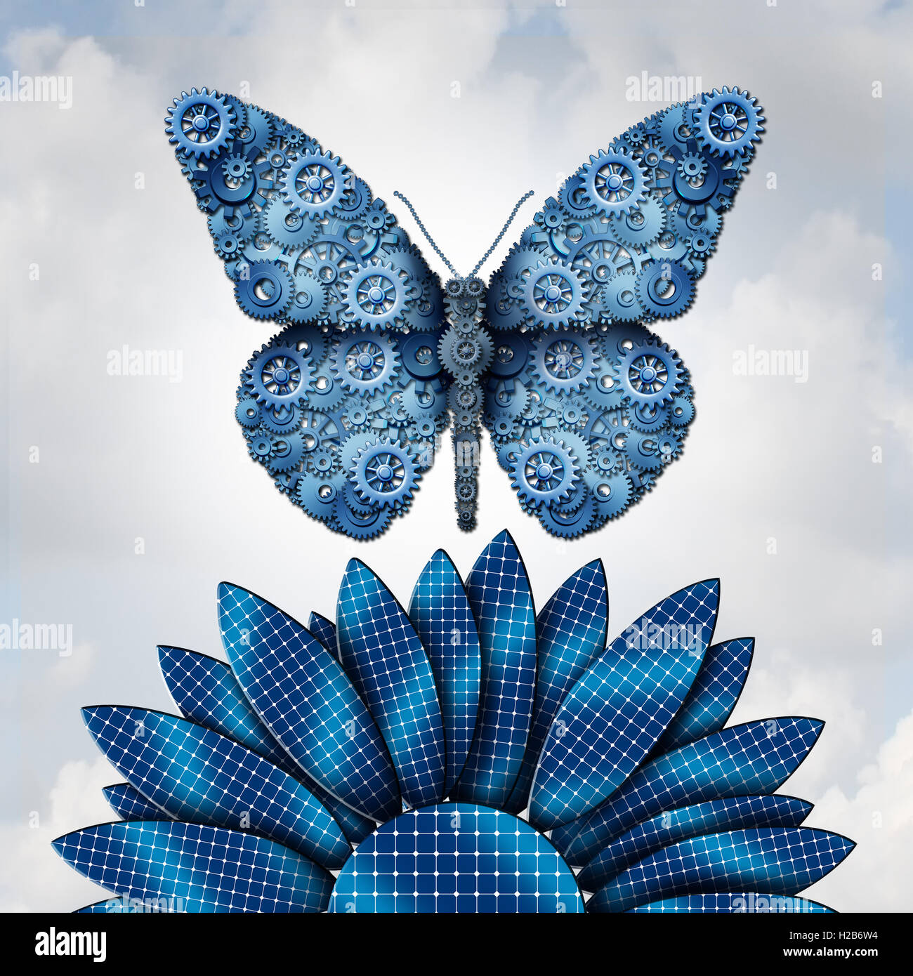 L'industrie de l'énergie solaire et les carburants de remplacement du soleil comme un papillon avec les engrenages de la machine en forme d'flyinfg sur une fleur faite de cellules du panneau solaire en tant que symbole de l'énergie propre renouvelable pour l'électricité durable avec 3D illustration éléments. Banque D'Images