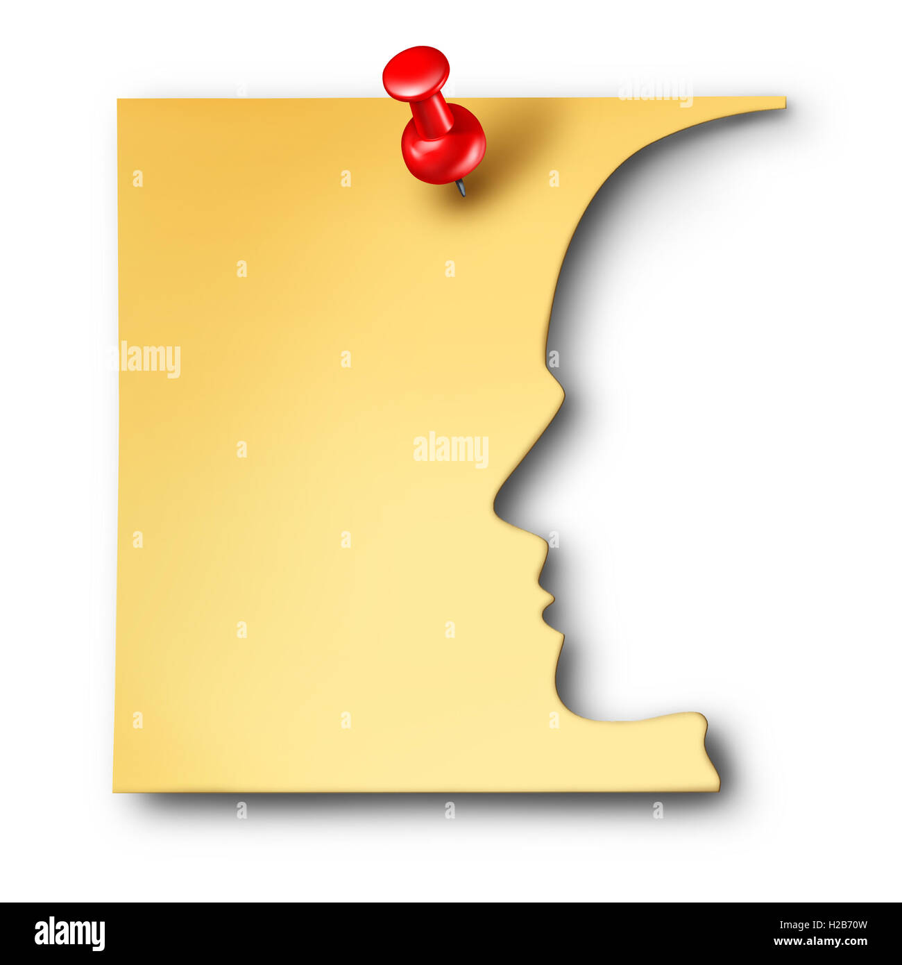 Office worker rappel comme symbole d'un employé d'une entreprise découpe remarque comme une carrière à réfléchir d'un symbole ou une icône de la santé mentale pour la perte de mémoire ou des problèmes médicaux neurologie en 3D illustration. Banque D'Images