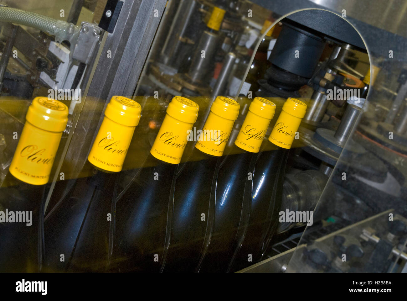 Bouteilles d'Olivier Leflaive Puligny-Montrachet passant par la machine à étiqueter.Bourgogne Côte d'Or, France Banque D'Images