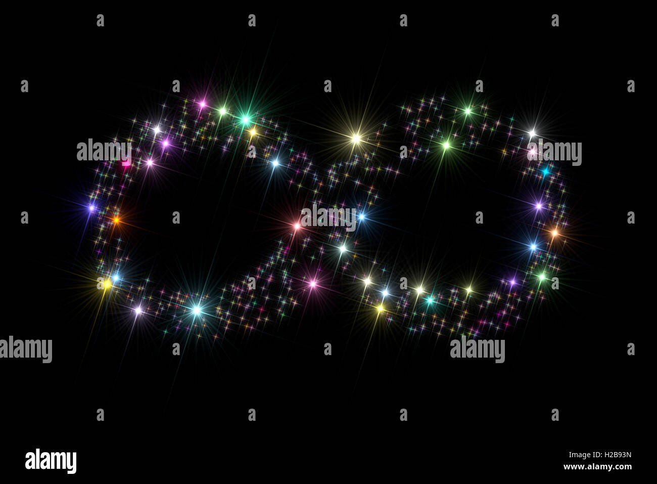 L'infini mathématique signe ou symbole composé d'étoiles multicolores sur fond foncé noir isolé. Banque D'Images