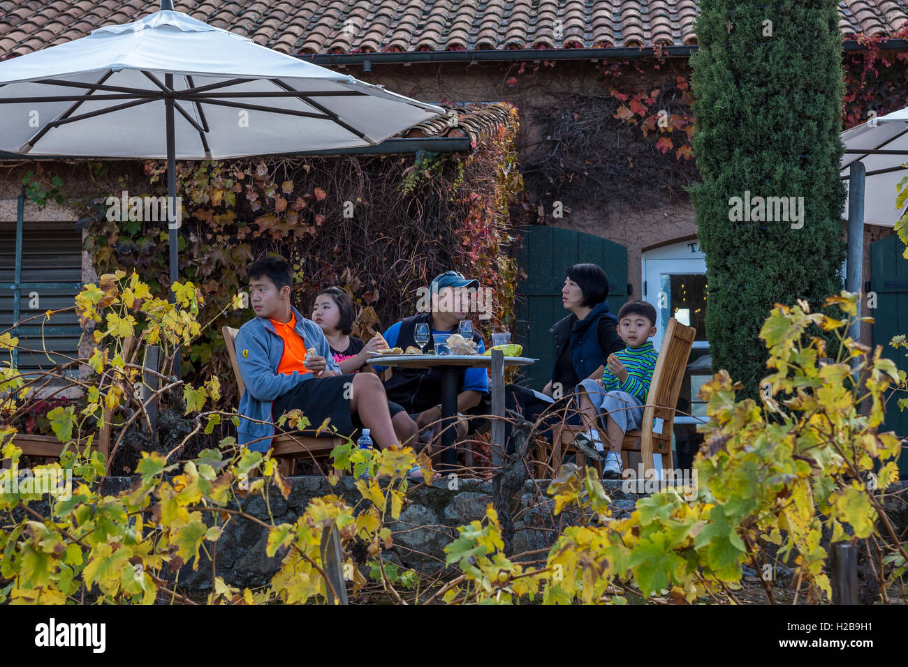 Les touristes, de la famille, manger le déjeuner, Viansa Sonoma, Sonoma Viansa Winery, Sonoma, Sonoma County, Californie Banque D'Images