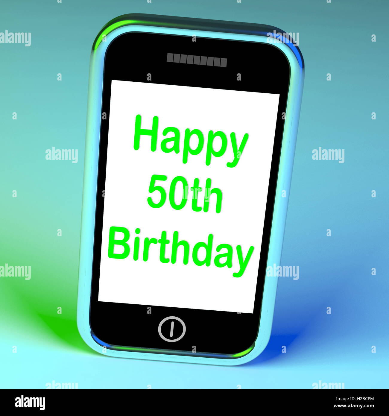 Heureux 50e anniversaire signifie Smartphone tournant cinquante Banque D'Images