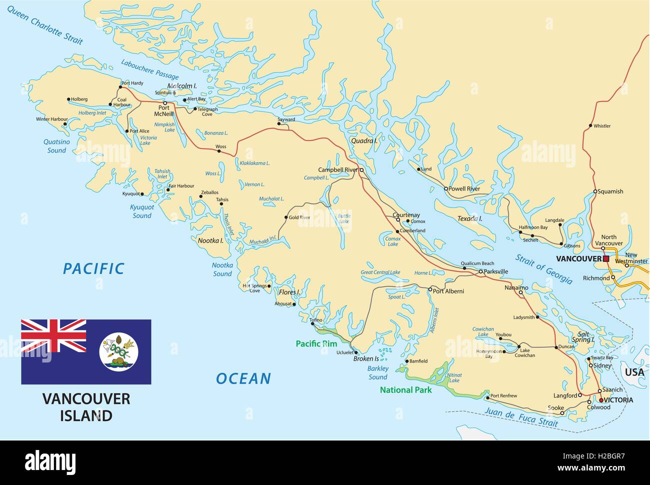 L'île de Vancouver carte routière avec drapeau Illustration de Vecteur