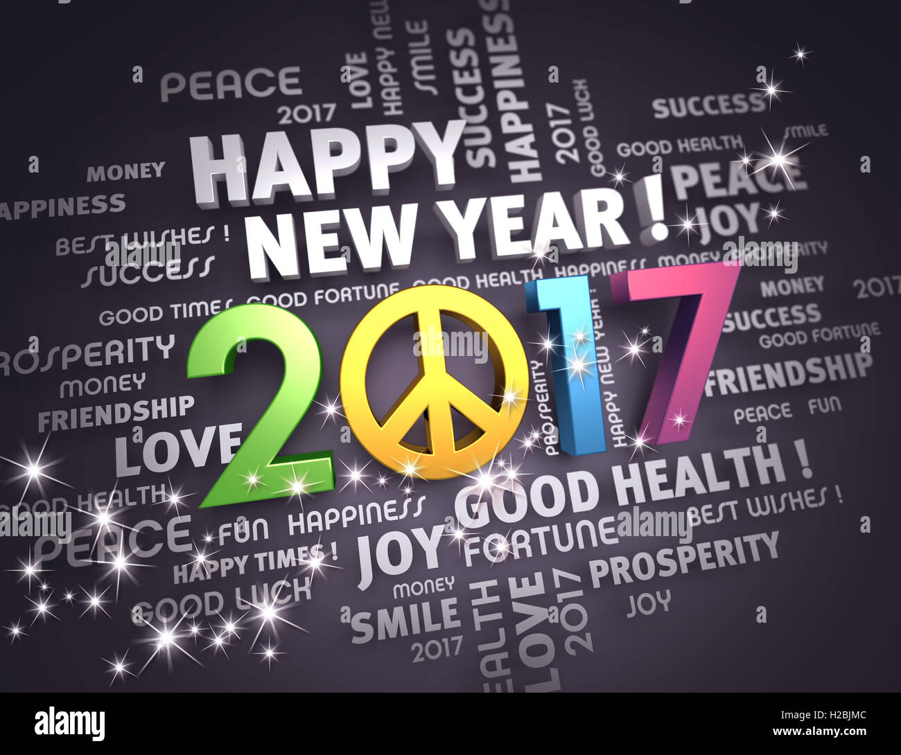 Mots d'accueil autour d'une année 2017 positive et colorée, type sur un fond noir de fête - 3D illustration Banque D'Images