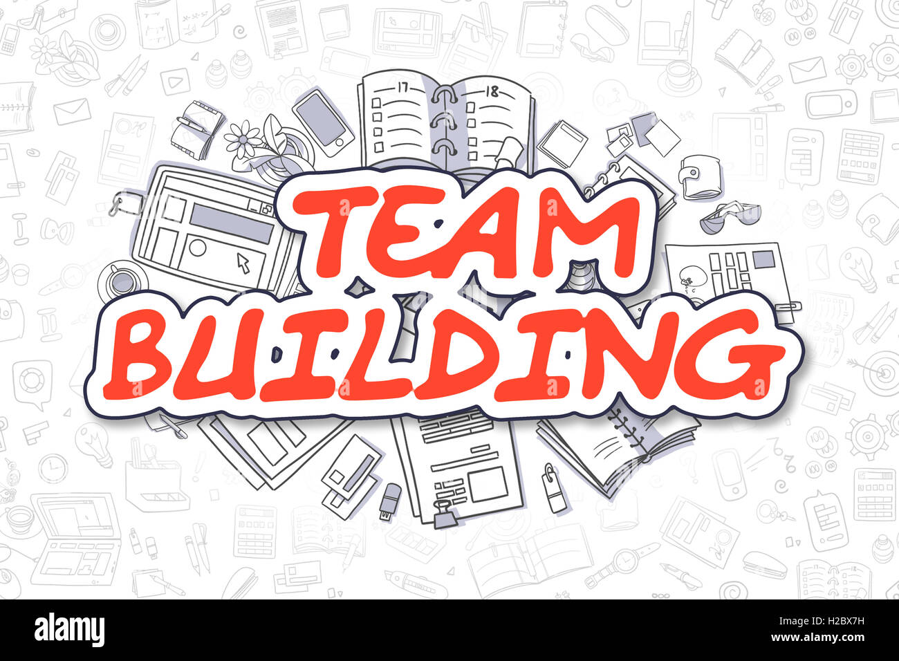 Team Building - Caricature Texte en rouge. Concept d'entreprise. Banque D'Images