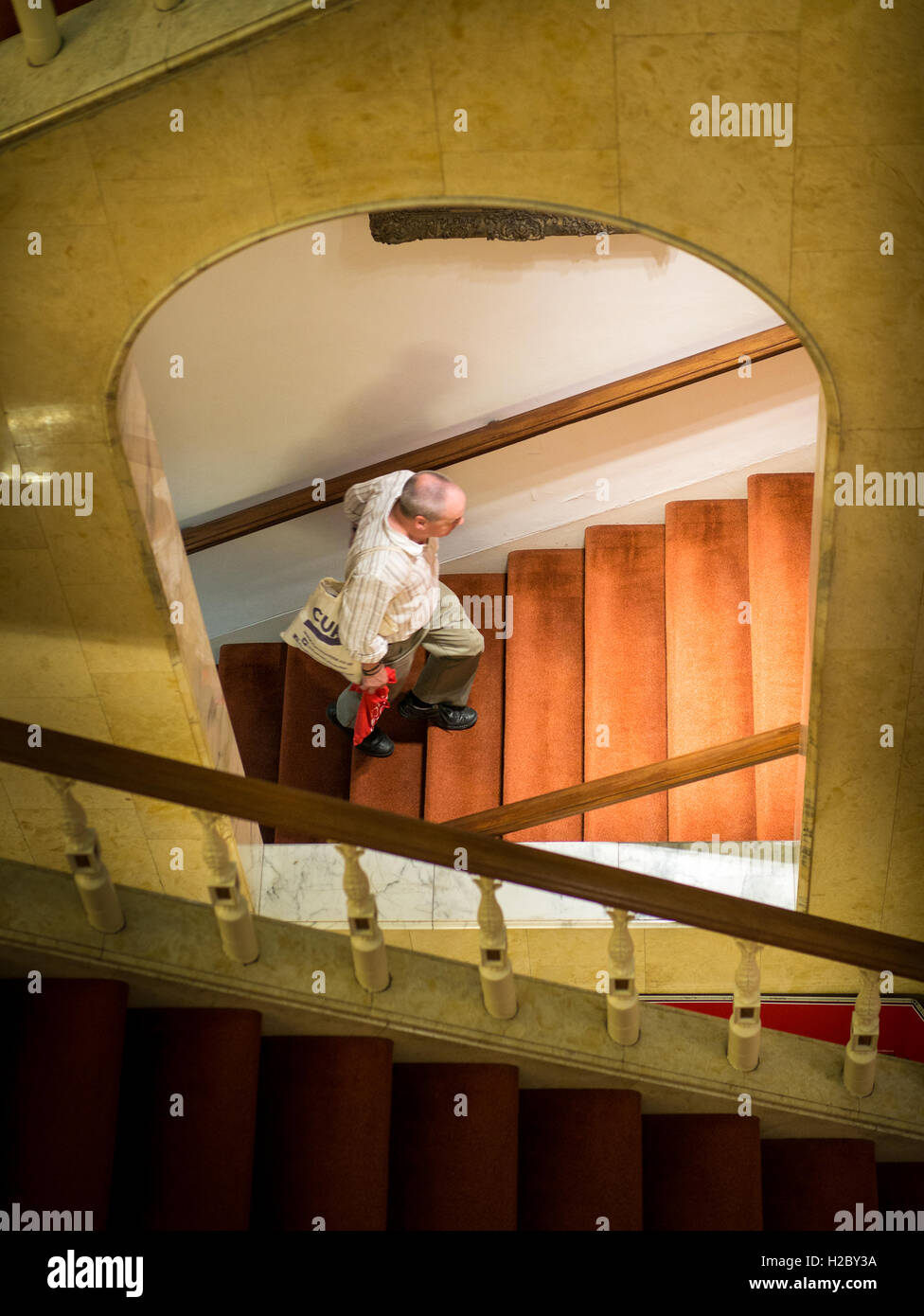 Visiteur sur l'escalier à la Royal Society, Londres, Angleterre pendant les Portes Ouvertes week-end de septembre 2016. Banque D'Images