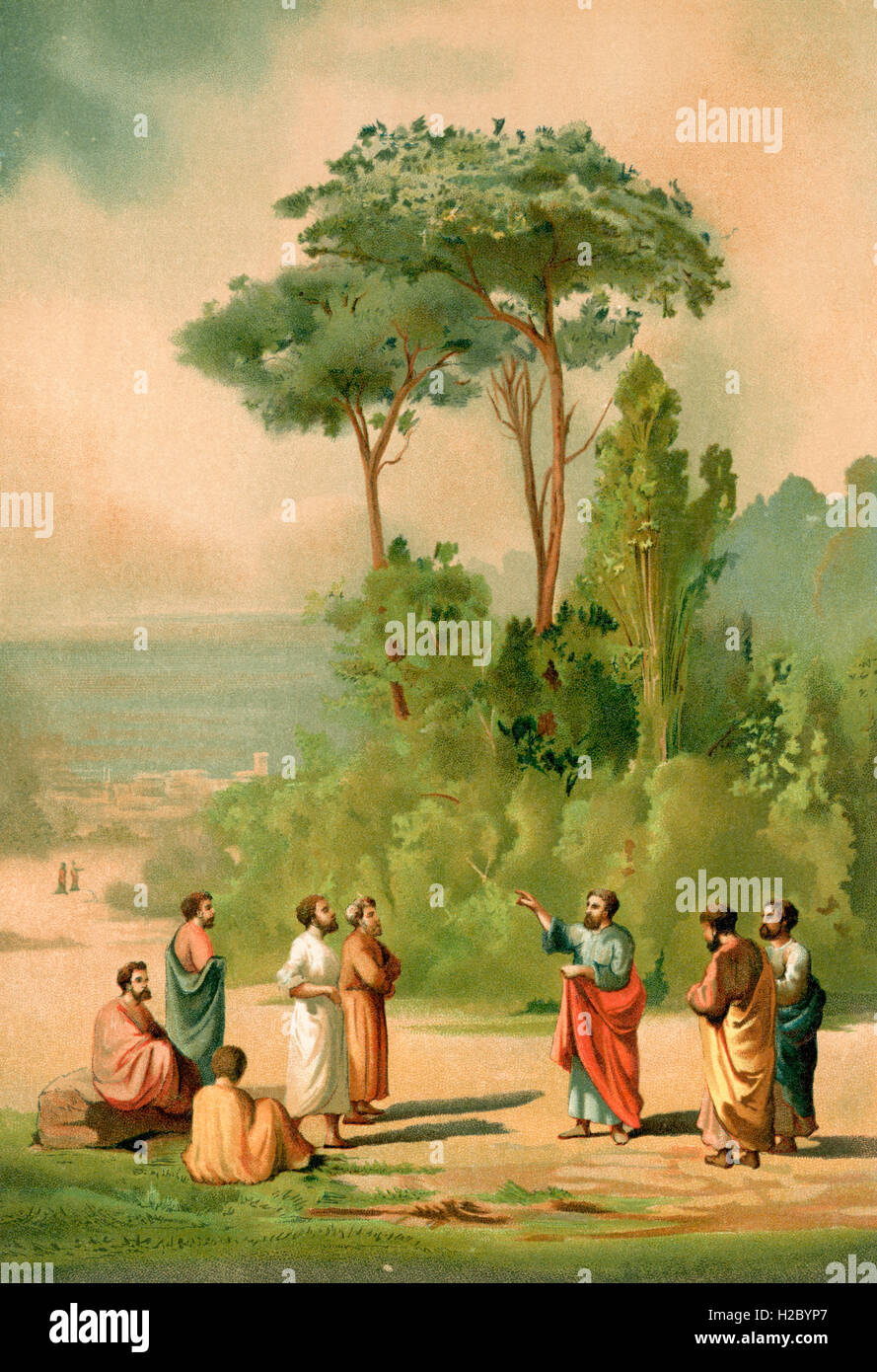 Platon et ses disciples, dans les jardins de l'Académie, Athènes, Grèce. Platon, c.428/427 ou 424/423 - 348/347 BC. Philosophe en Grèce classique et le fondateur de l'Académie d'Athènes, Grèce. Banque D'Images