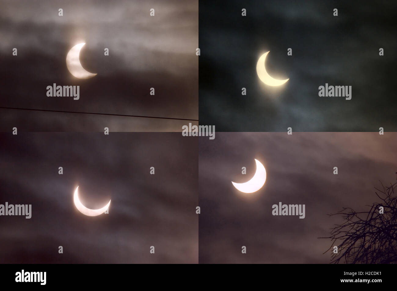 Les différentes phases de l'éclipse solaire partielle Januart 4th, 2011 à Moscou (Russie) illustré par quatre panneaux. Banque D'Images