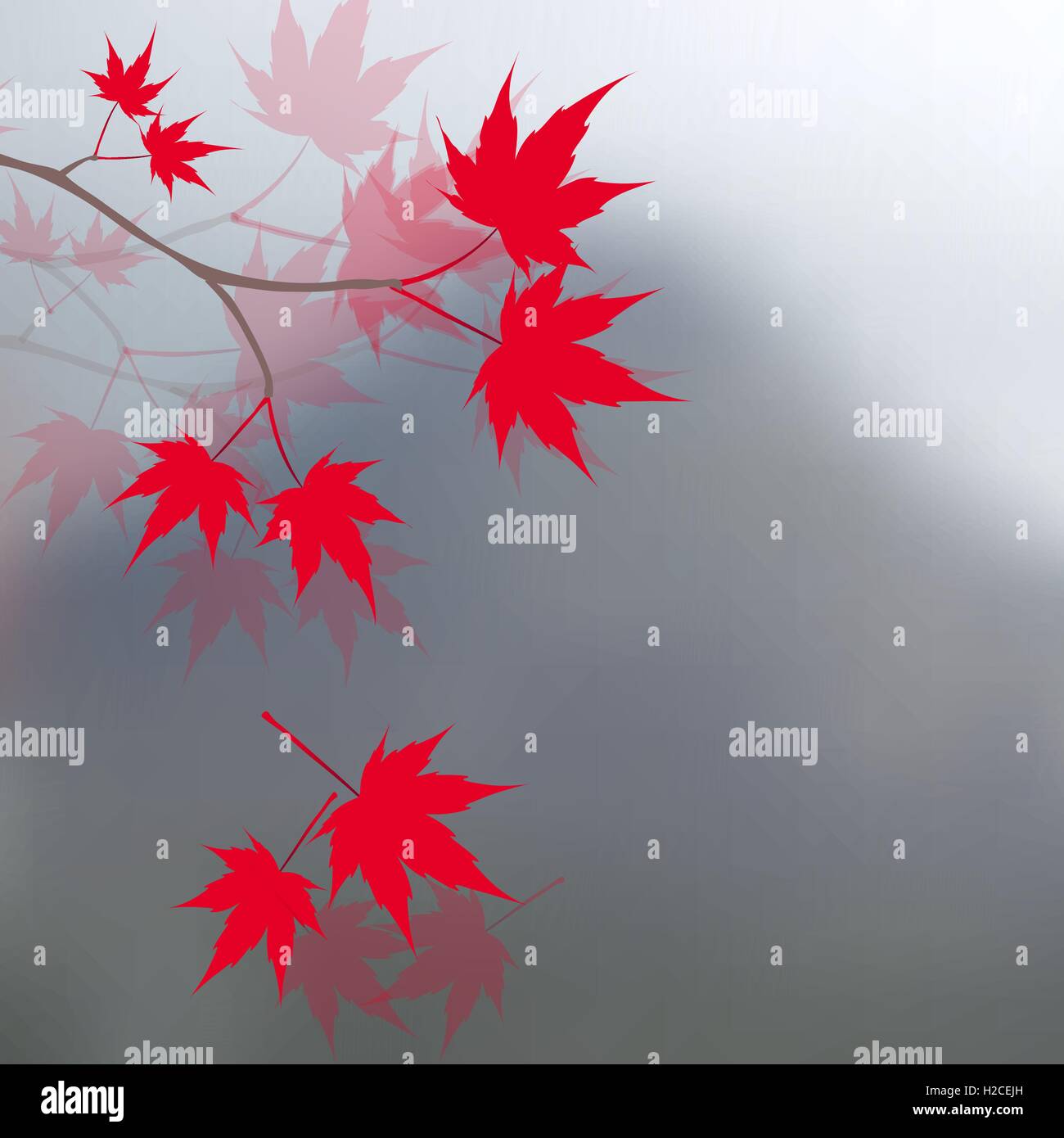 Feuilles d'érable rouge sur les branches. L'érable rouge du Japon sur un fond de montagnes dans la brume. Illustration du paysage. Illustration de Vecteur
