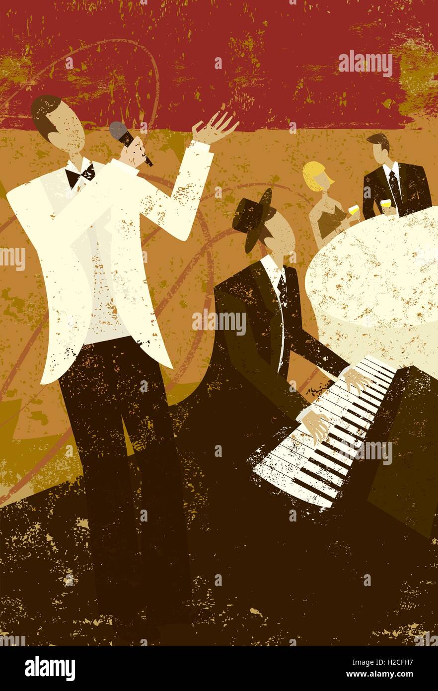 Singer Club Un club de jazz singer avec un pianiste et un couple assis à une table de boire du vin. Illustration de Vecteur