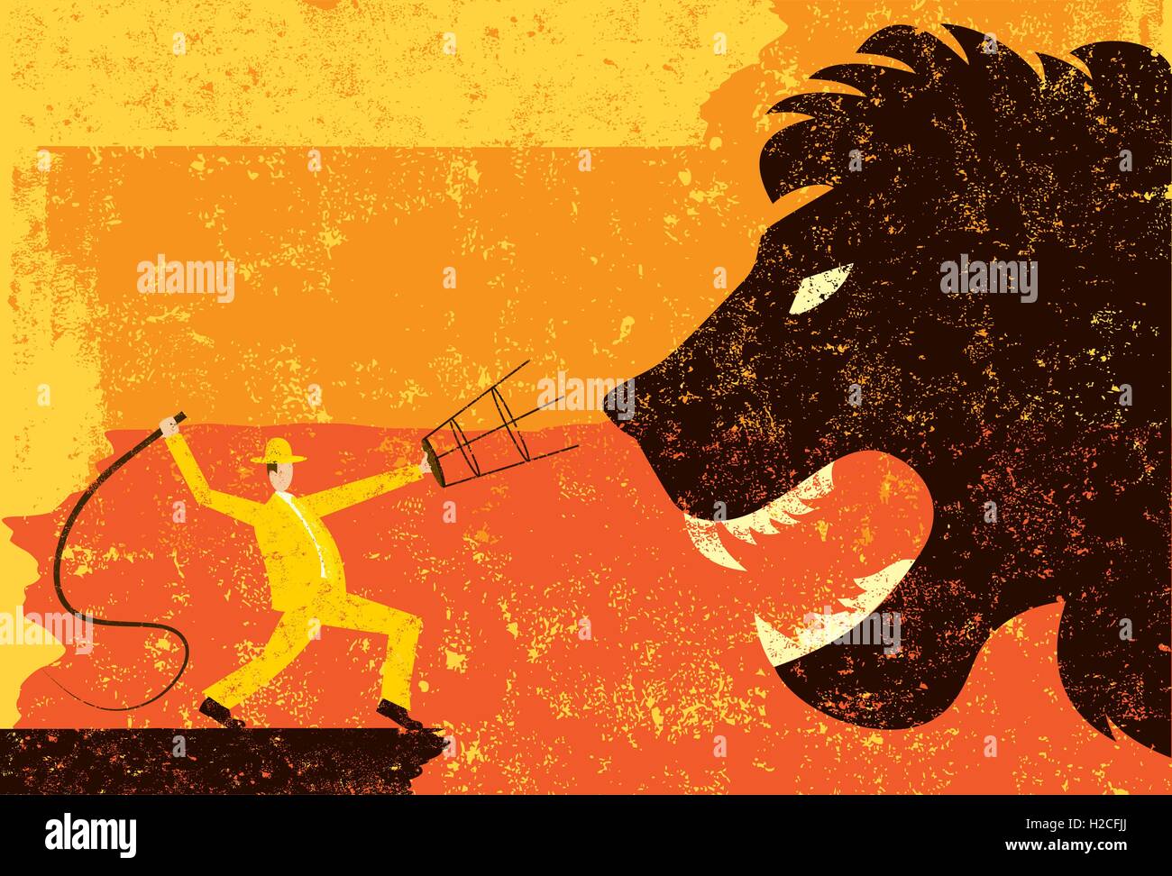 Un dompteur dompteur cracking son fouet à une grande tête de lion sur un fond abstrait. Illustration de Vecteur