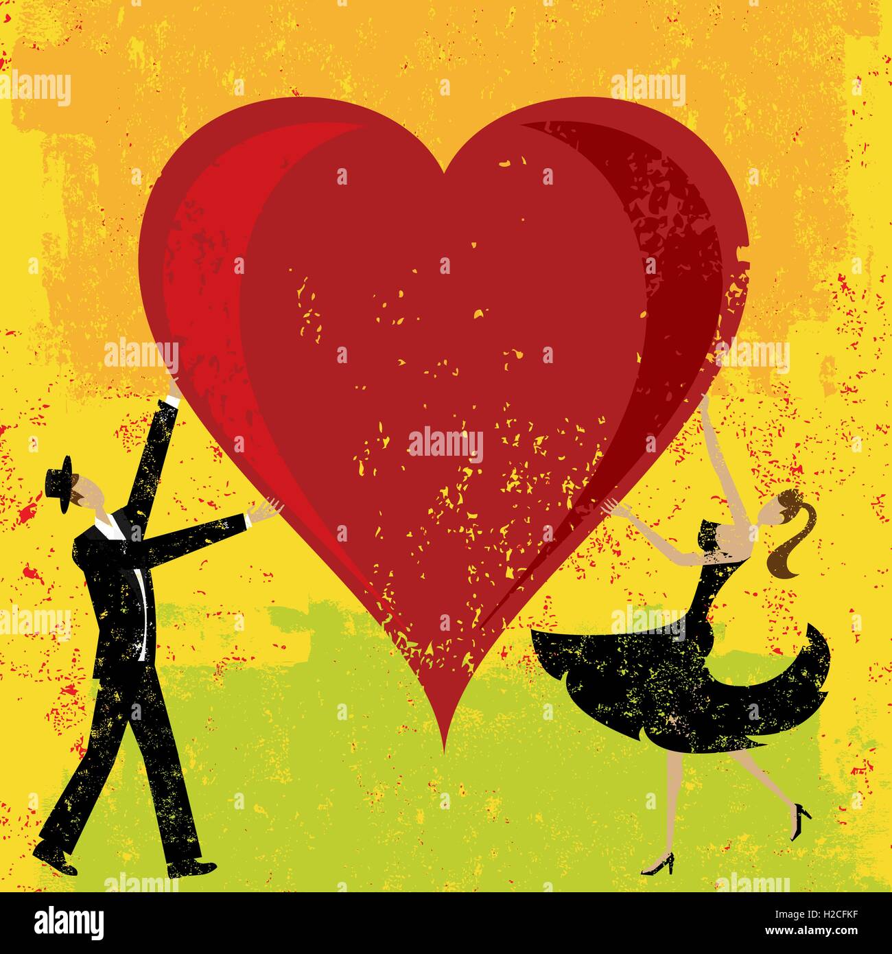 L'homme et de la femme tenant un cœur un homme et femme tenant un grand cœur sur un fond abstrait. Illustration de Vecteur