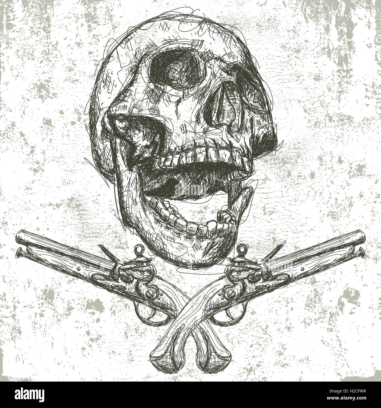 Crâne et pistolets Sketchy, dessinés à la main, crâne humain avec des pistolets en dessous sur un fond abstrait. Illustration de Vecteur