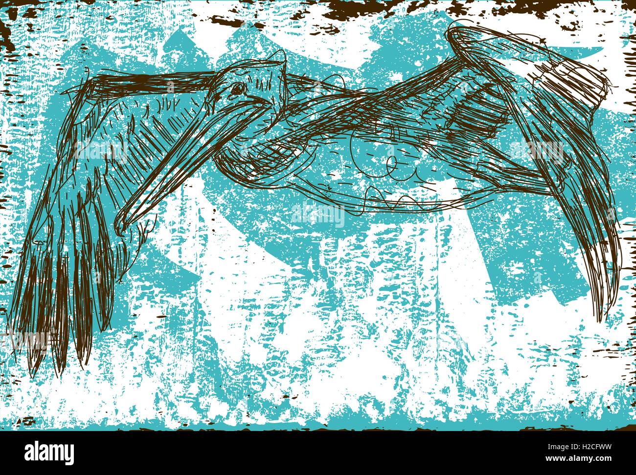 Flying Pelican Sketchy Pélican brun survolant un résumé historique. L'oiseau et l'arrière-plan sont sur la couche d'étiquette séparément Illustration de Vecteur