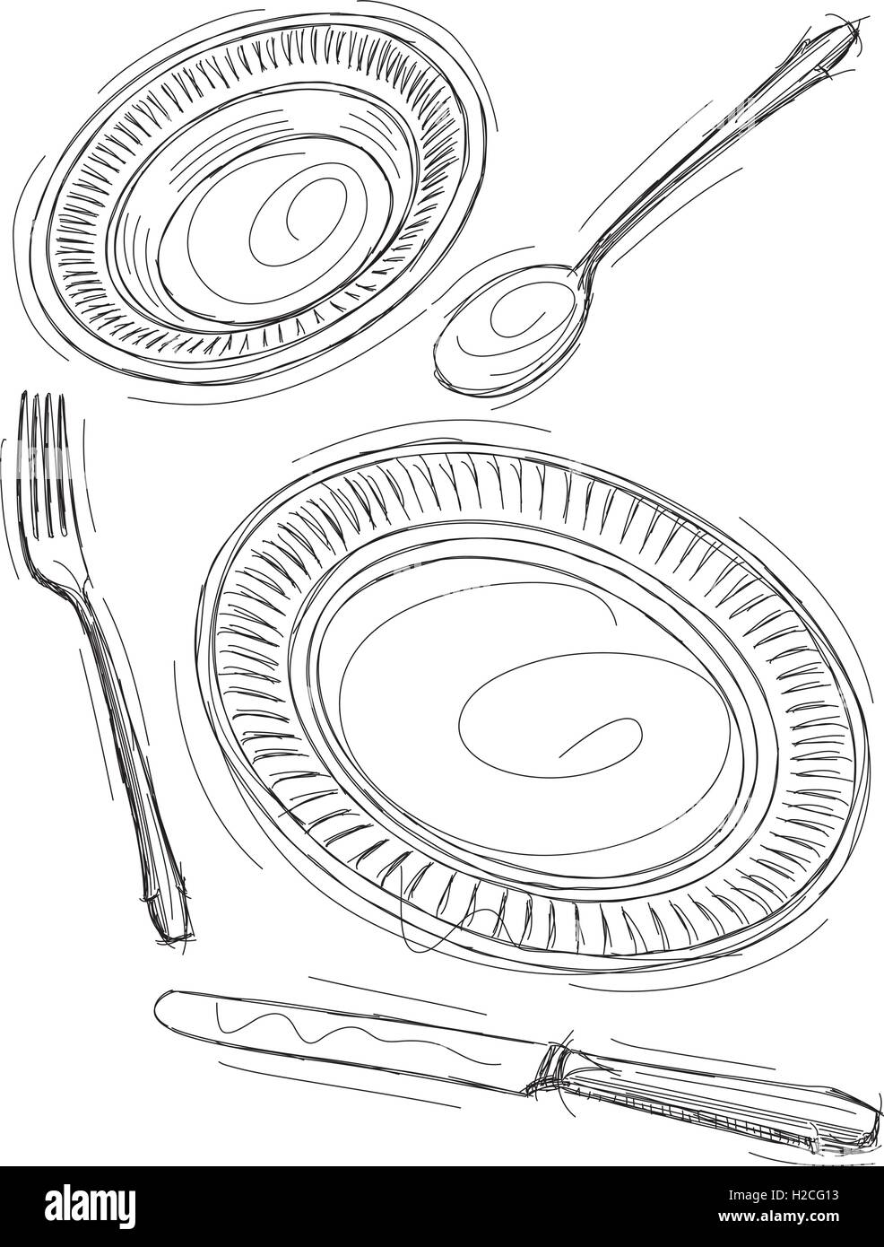 Sketchy place la plaque de réglage, bol, cuillère, fourchette, couteau et croquis Illustration de Vecteur