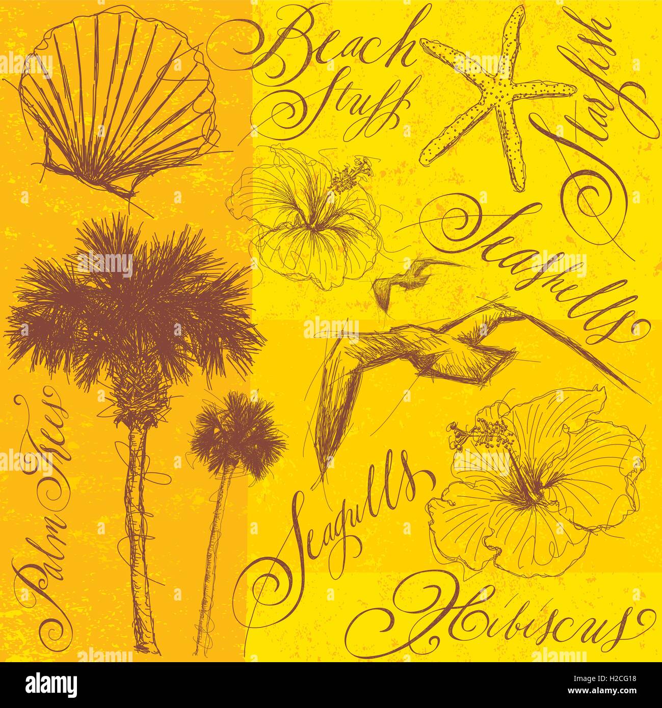 Beach stuff Sketchy, dessinés à la main, palmiers, mouettes, hibiscus, et les coquilles avec la calligraphie. Illustration de Vecteur