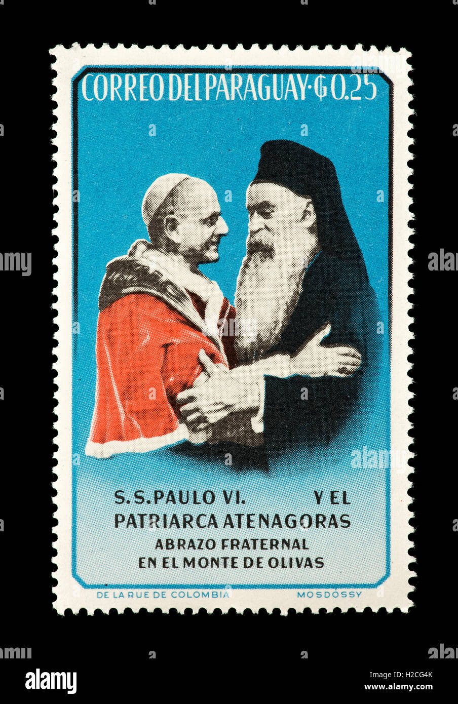 Timbre du Paraguay représentant le Pape Paul VI et le Patriarche Athénagoras. Banque D'Images