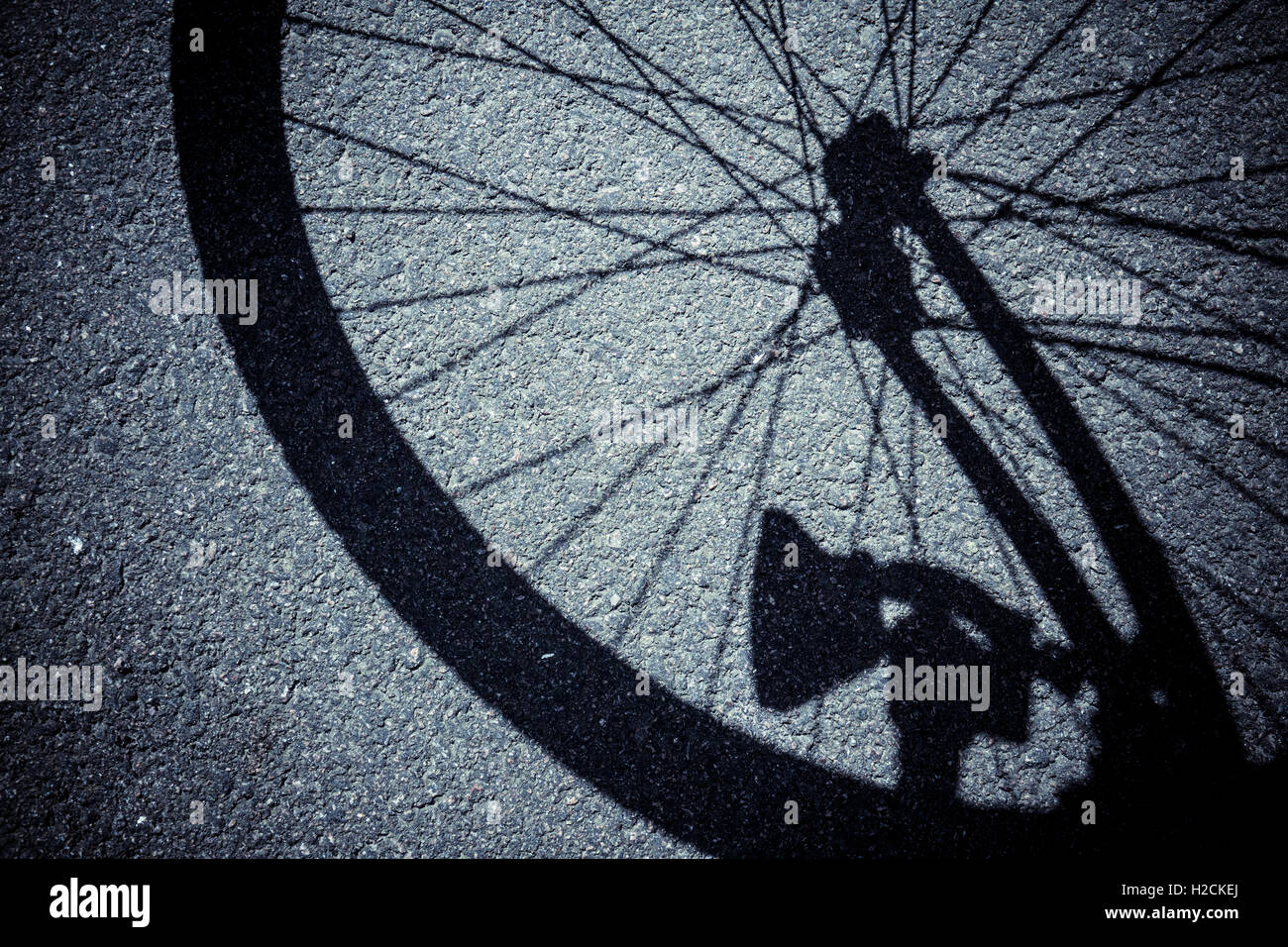 Ombre sur la rue de la roue d'un vélo Banque D'Images