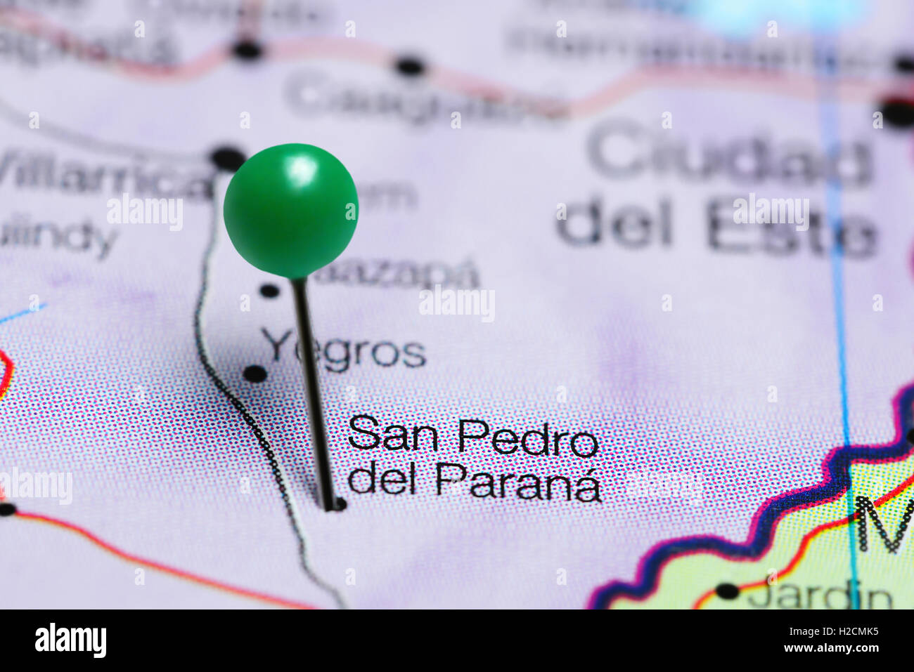 San Pedro del Parana épinglée sur une carte du Paraguay Banque D'Images