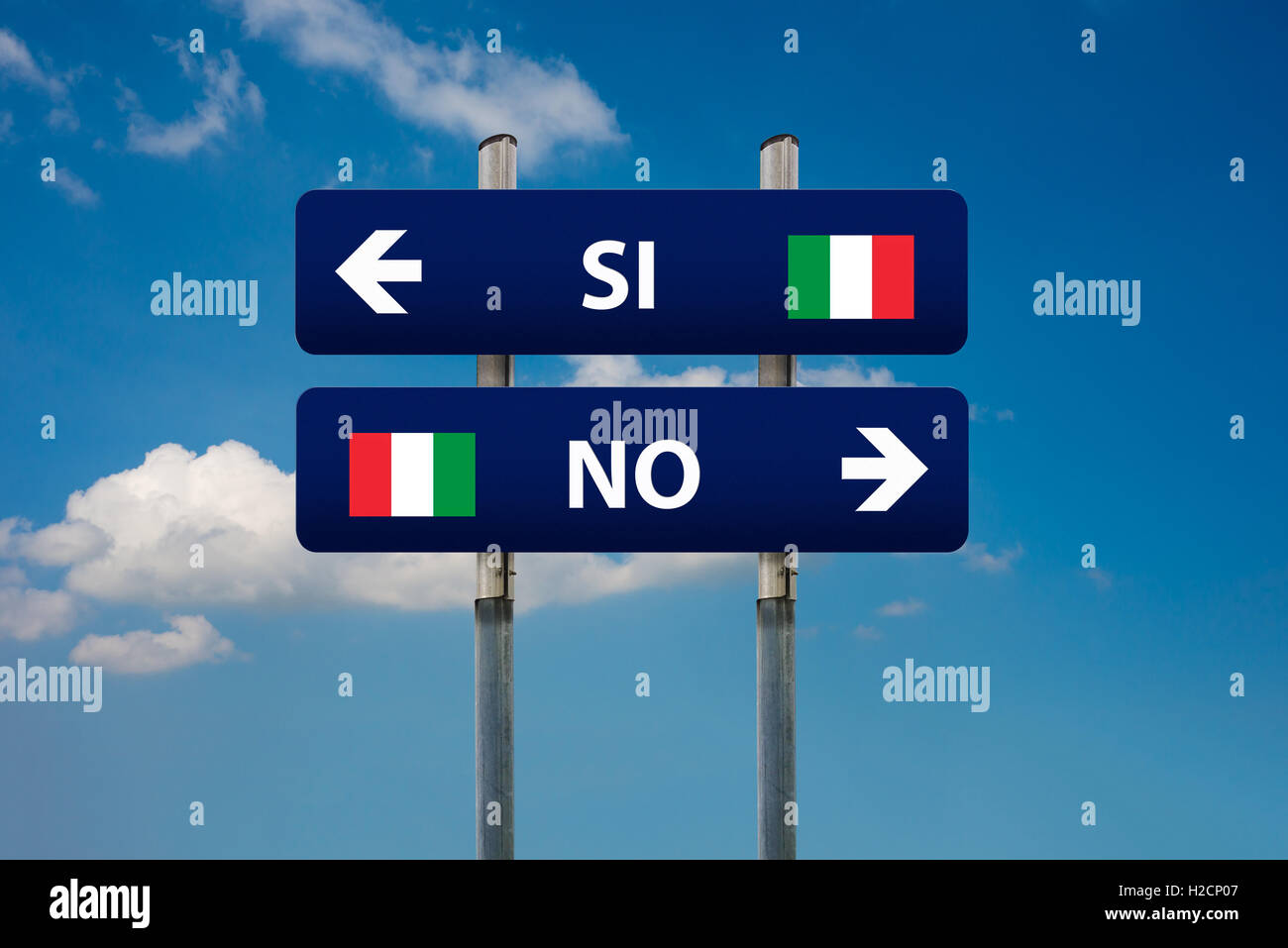 Deux panneaux routiers et référendum italien Banque D'Images