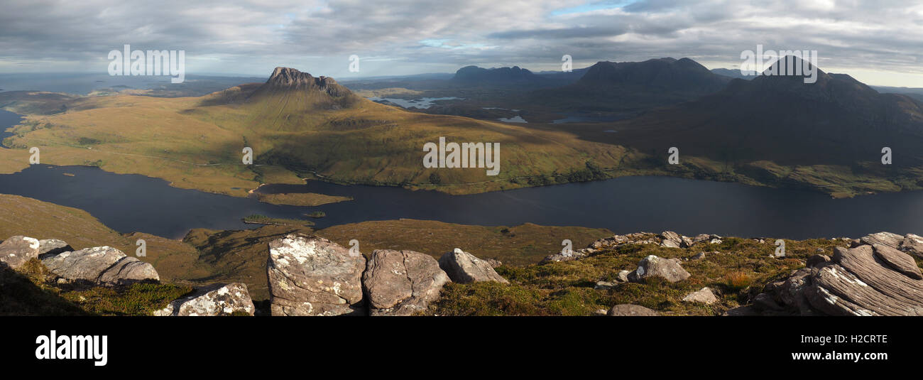 Stac Pollaidh, Suilven, Cul Mor et cul beag, Loch Lurgainn de sommet d'Sgorr Tuath Coigach, Ecosse, Banque D'Images